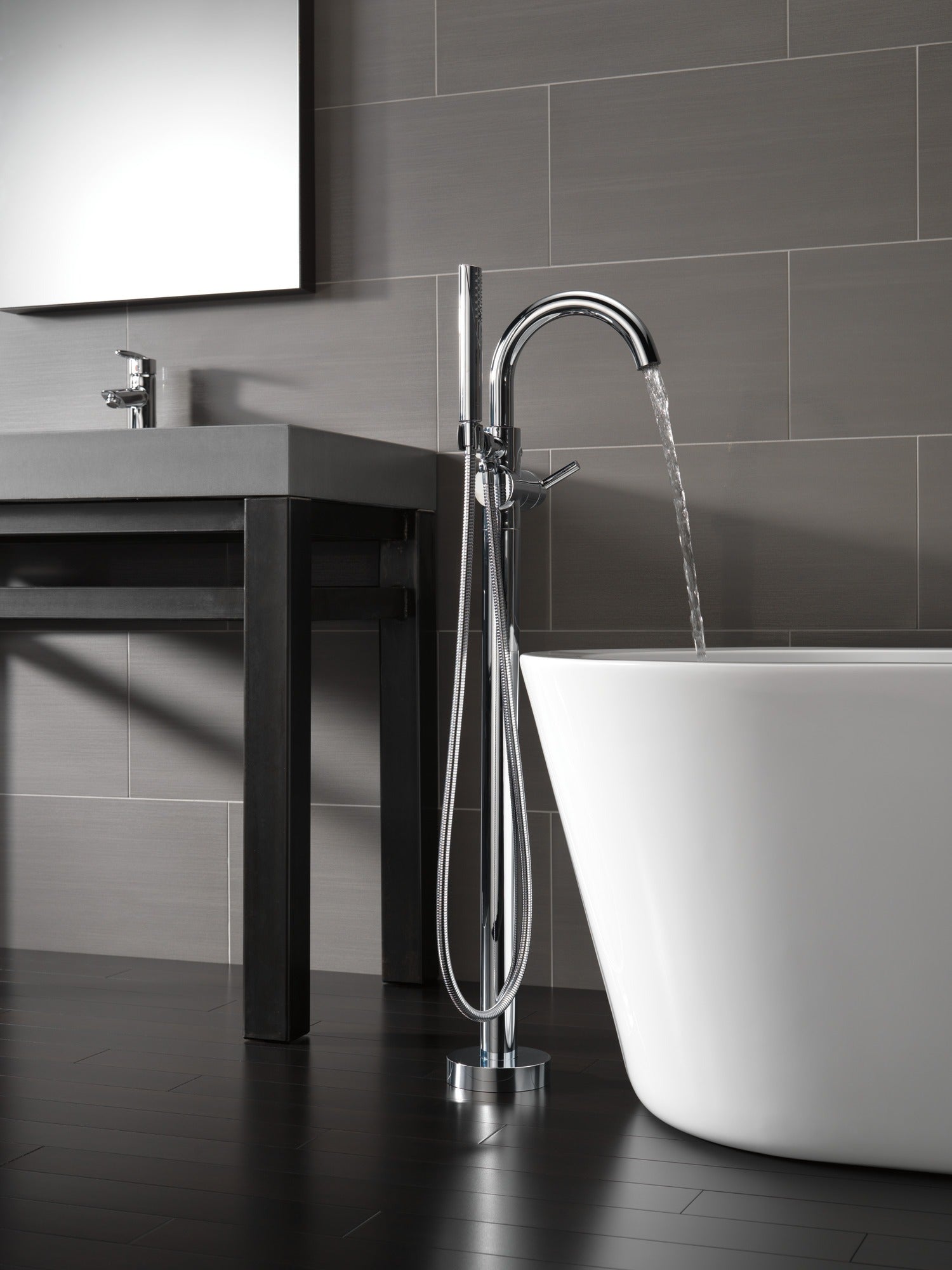 Delta Trinsic® Single Handle Floor Mount Tub Filler Trim with Hand Shower