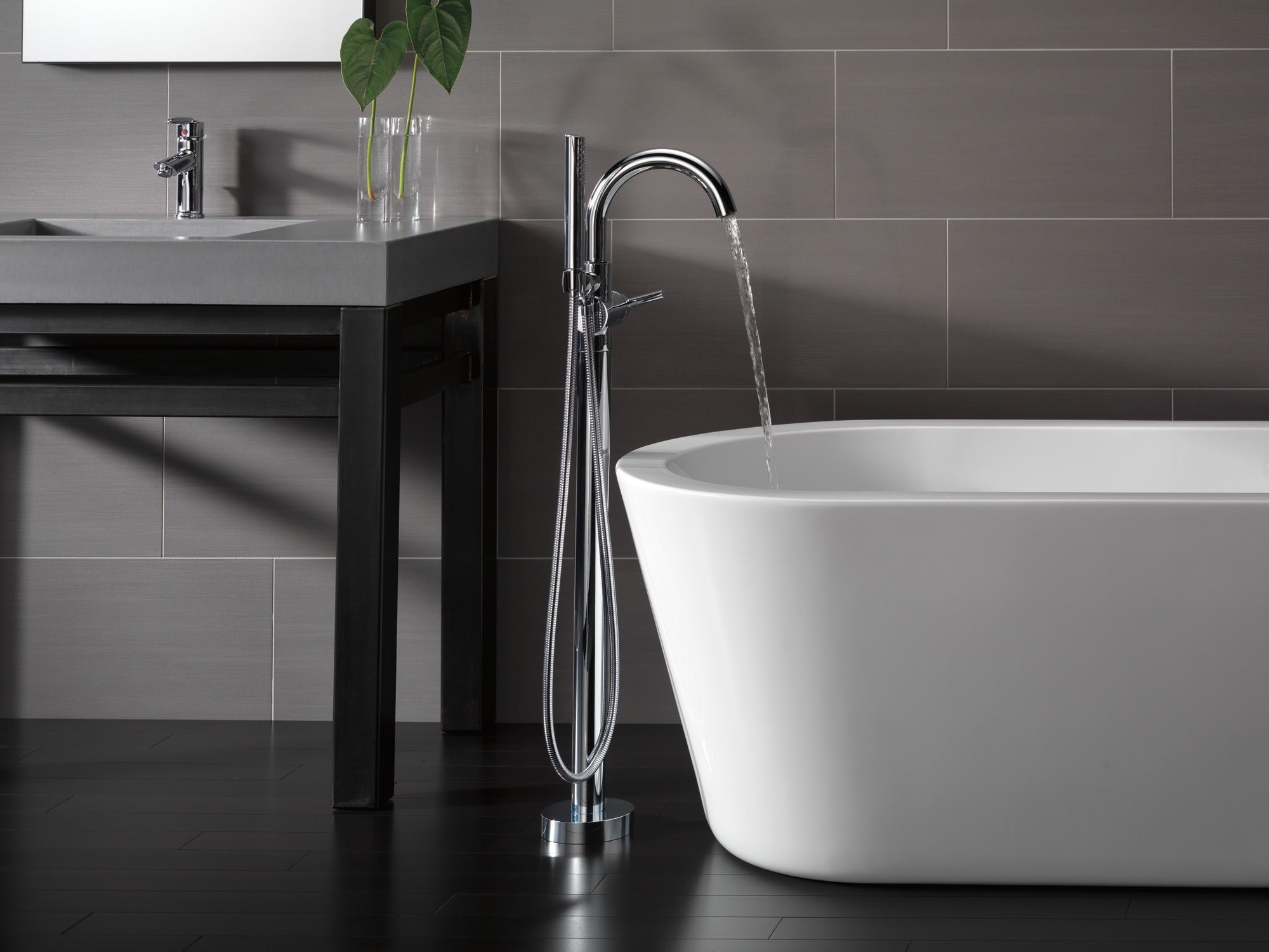 Delta Trinsic® Single Handle Floor Mount Tub Filler Trim with Hand Shower
