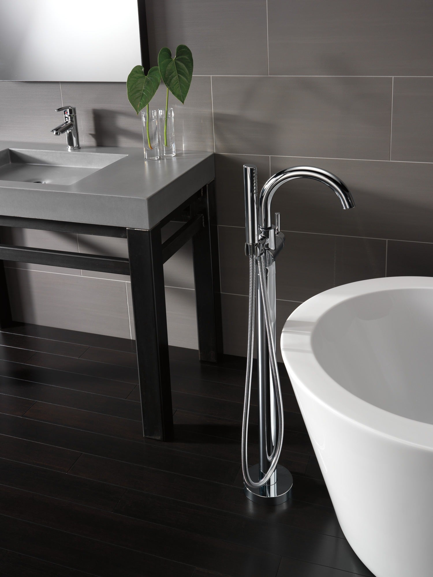 Delta Trinsic® Single Handle Floor Mount Tub Filler Trim with Hand Shower