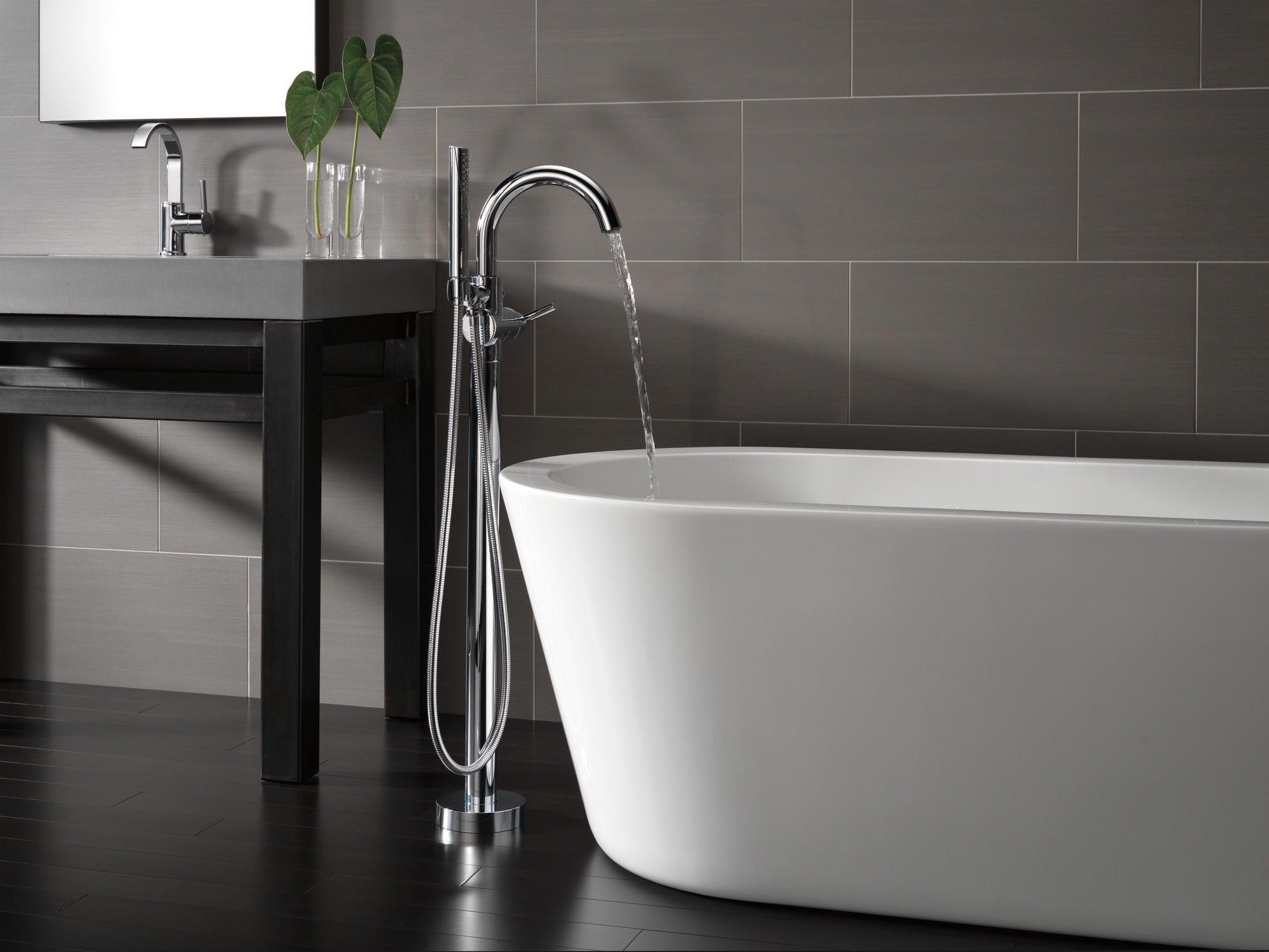 Delta Trinsic® Single Handle Floor Mount Tub Filler Trim with Hand Shower