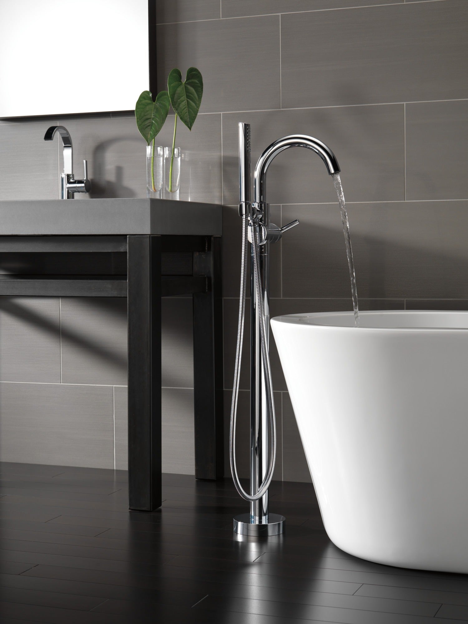 Delta Trinsic® Single Handle Floor Mount Tub Filler Trim with Hand Shower