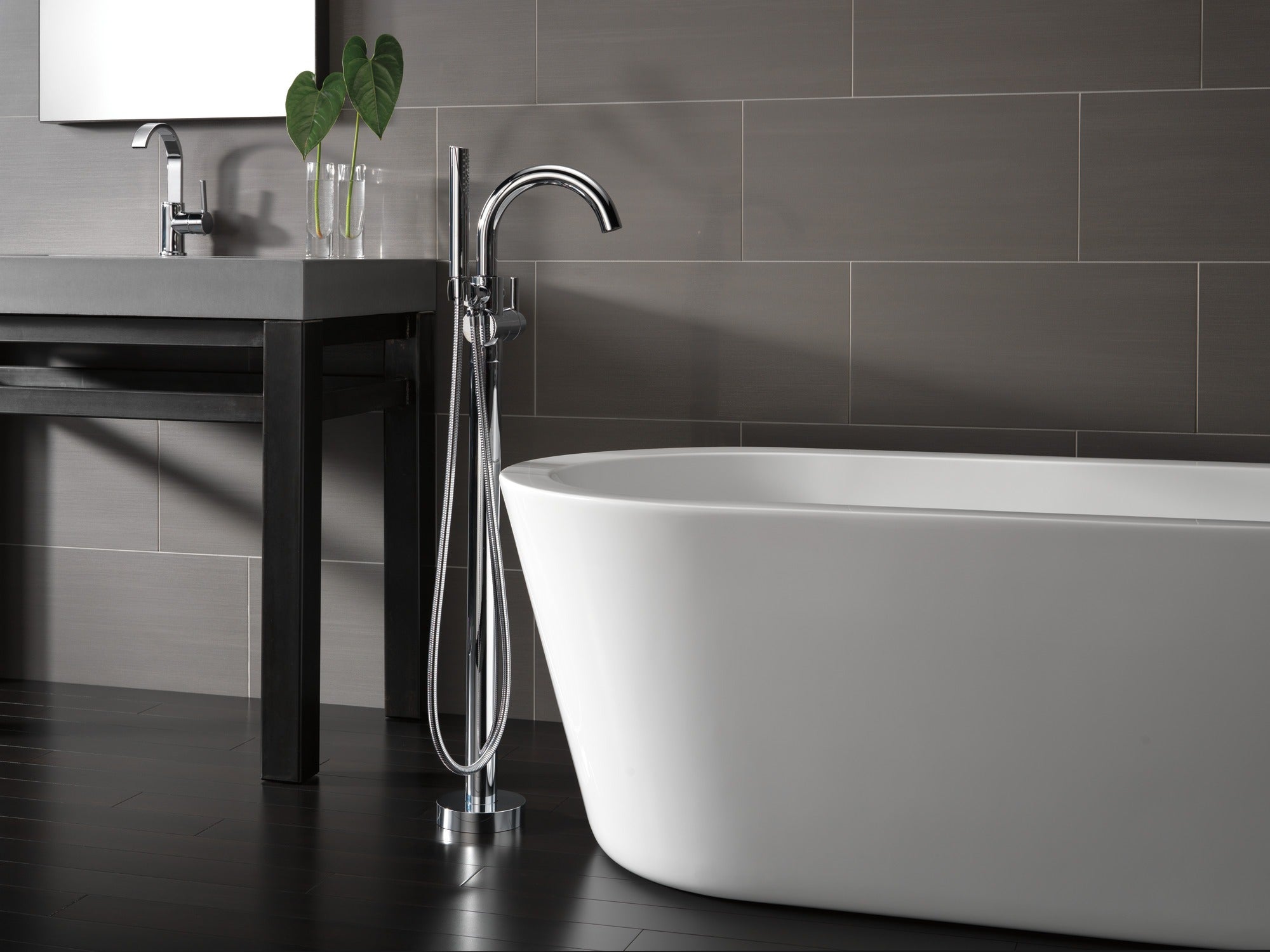 Delta Trinsic® Single Handle Floor Mount Tub Filler Trim with Hand Shower