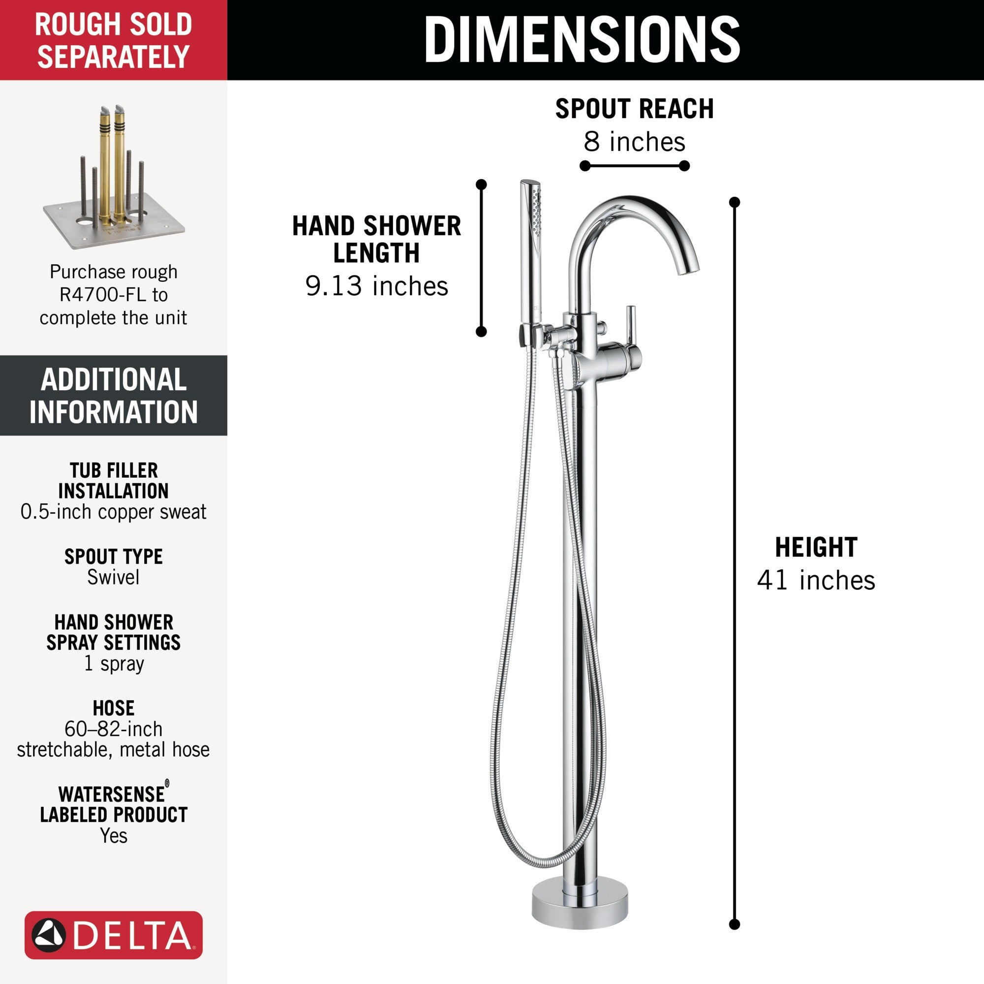 Delta Trinsic® Single Handle Floor Mount Tub Filler Trim with Hand Shower