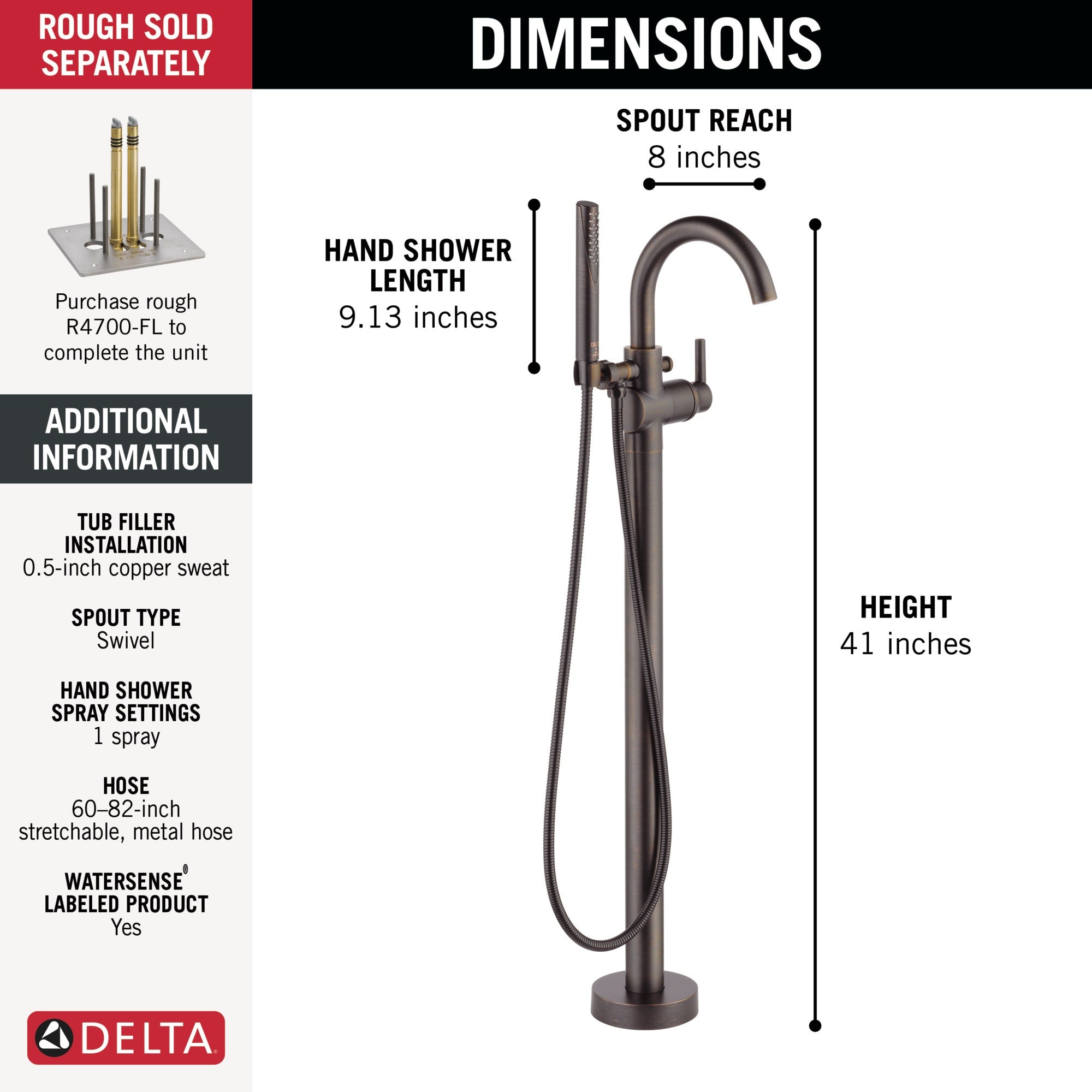 Delta Trinsic® Single Handle Floor Mount Tub Filler Trim with Hand Shower