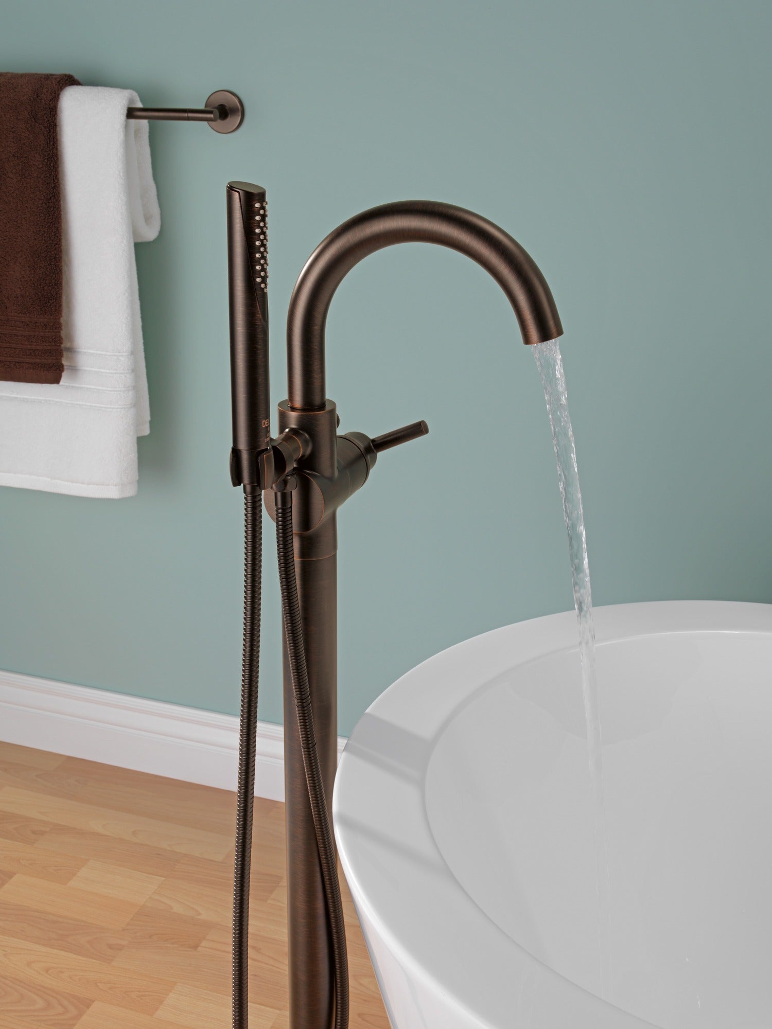 Delta Trinsic® Single Handle Floor Mount Tub Filler Trim with Hand Shower