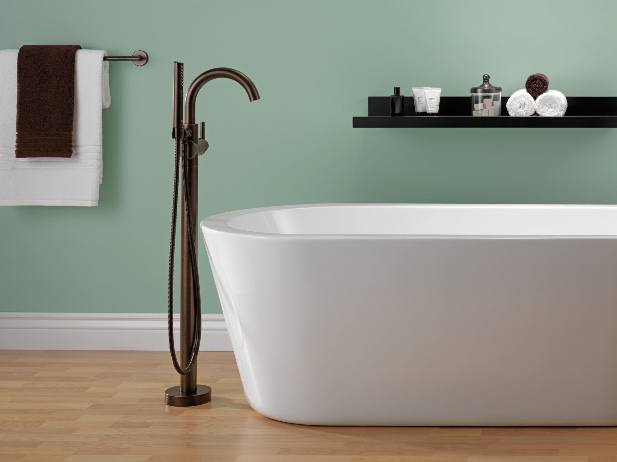 Delta Trinsic® Single Handle Floor Mount Tub Filler Trim with Hand Shower