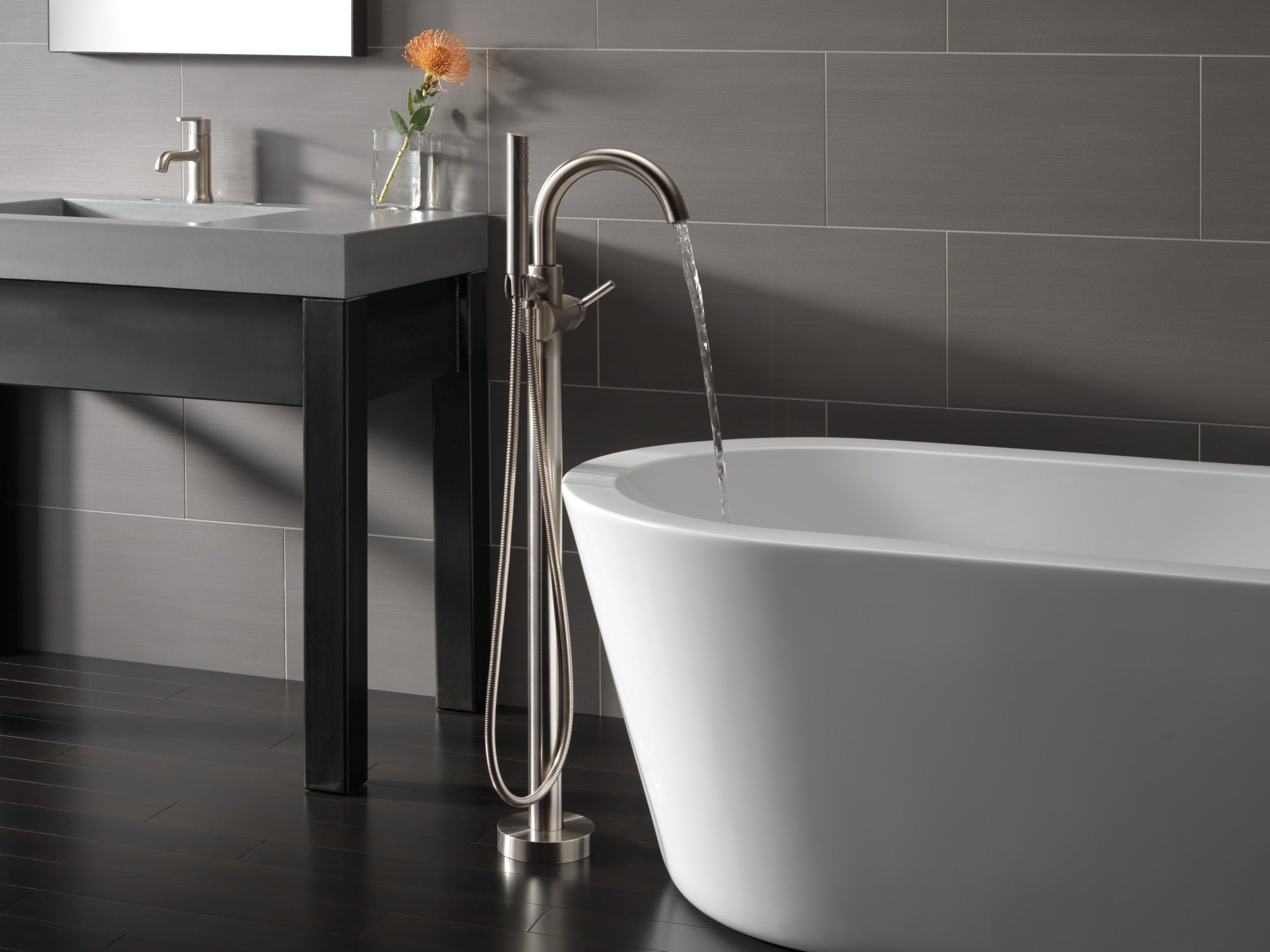 Delta Trinsic® Single Handle Floor Mount Tub Filler Trim with Hand Shower