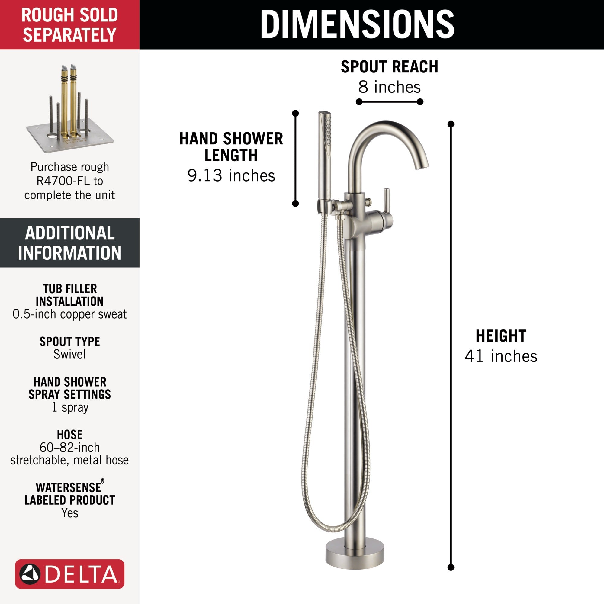 Delta Trinsic® Single Handle Floor Mount Tub Filler Trim with Hand Shower