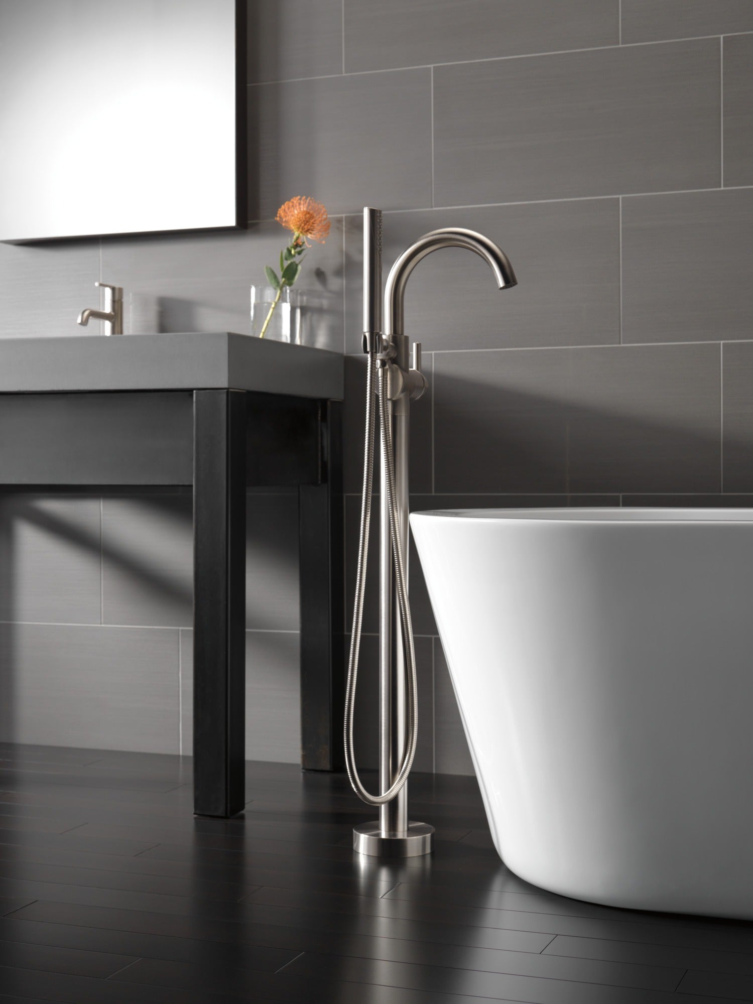 Delta Trinsic® Single Handle Floor Mount Tub Filler Trim with Hand Shower