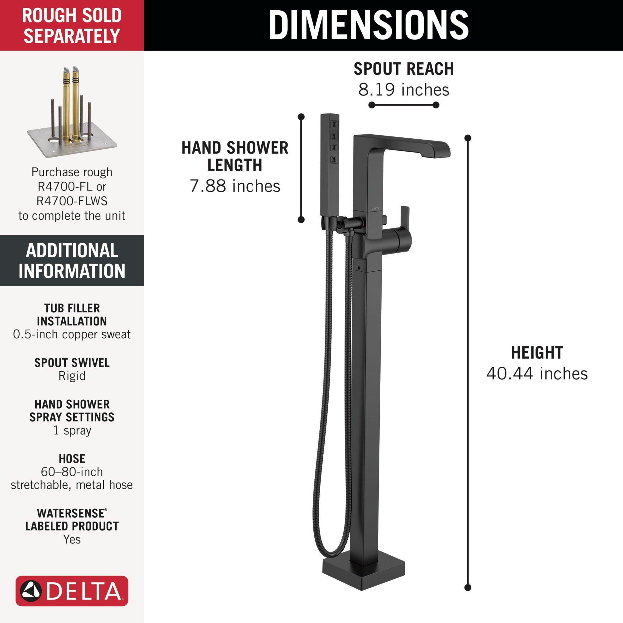 Delta Ara® Single Handle Floor Mount Tub Filler Trim with Hand Shower