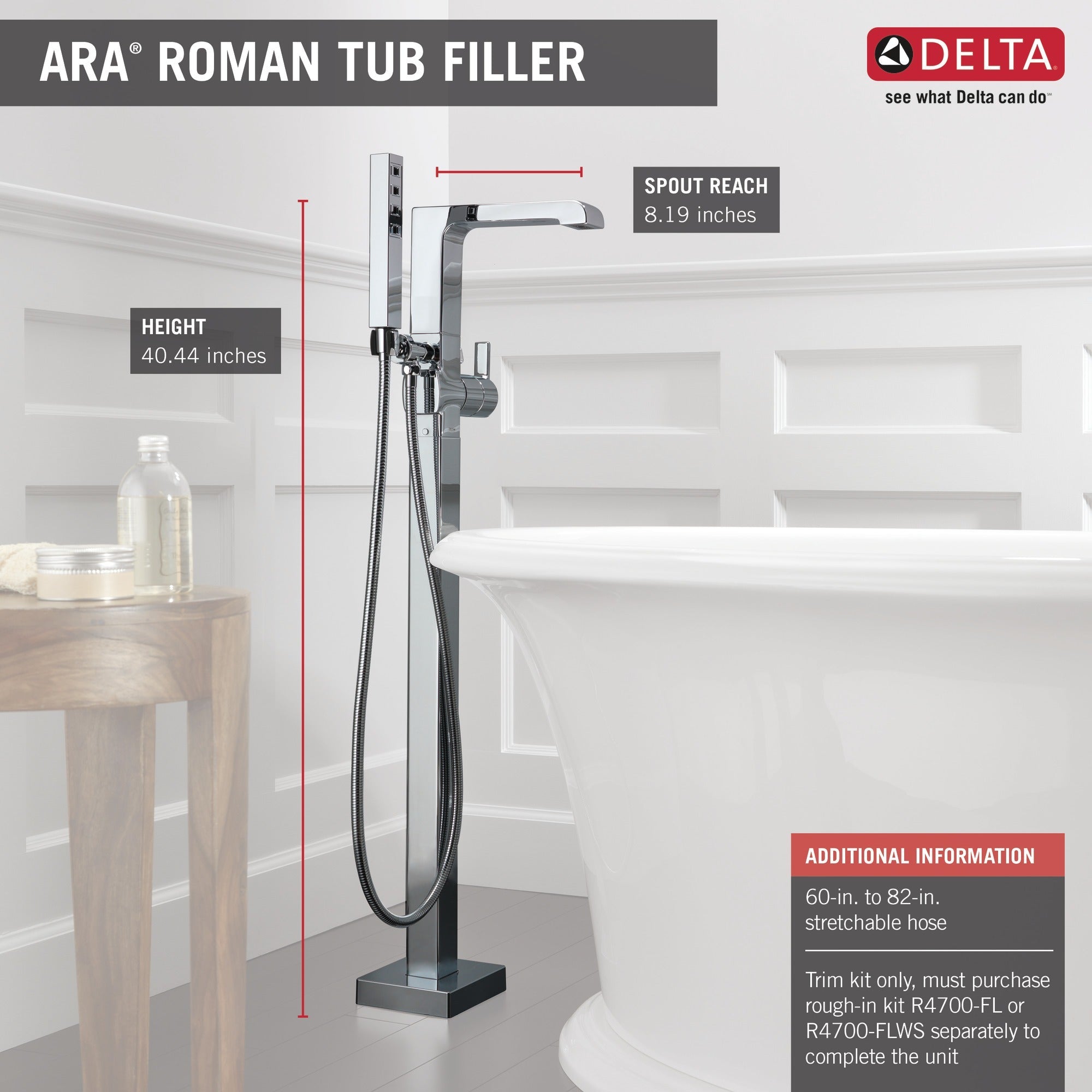 Delta Ara® Single Handle Floor Mount Tub Filler Trim with Hand Shower
