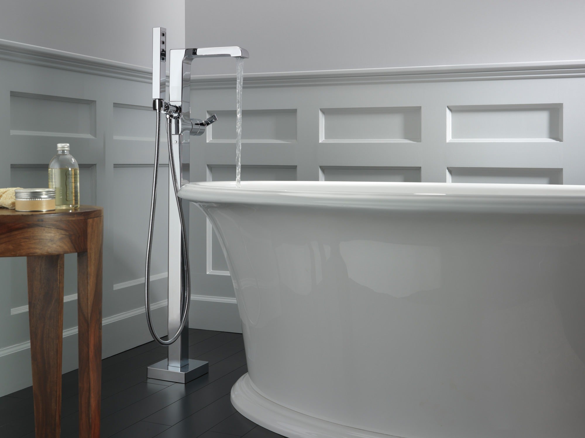 Delta Ara® Single Handle Floor Mount Tub Filler Trim with Hand Shower