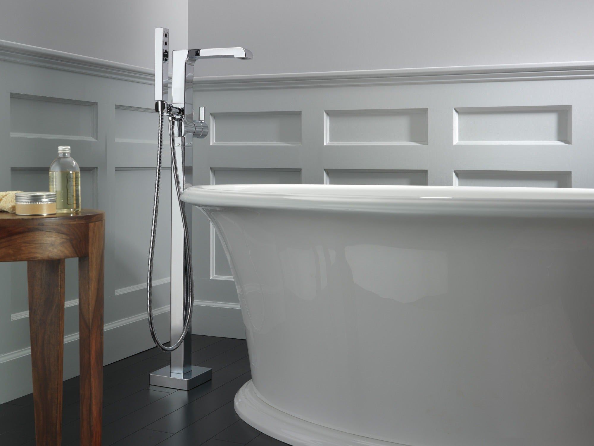 Delta Ara® Single Handle Floor Mount Tub Filler Trim with Hand Shower