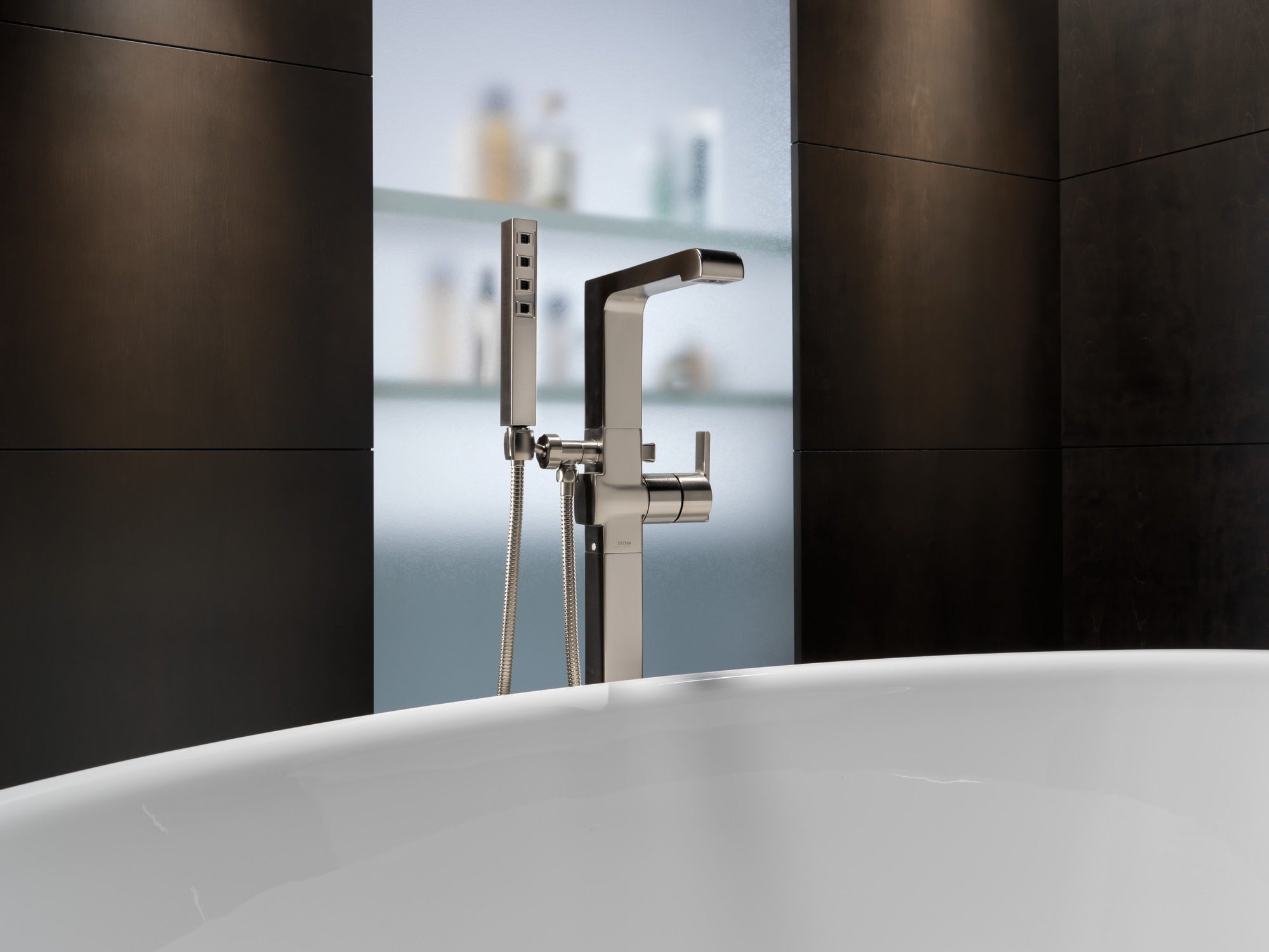 Delta Ara® Single Handle Floor Mount Tub Filler Trim with Hand Shower