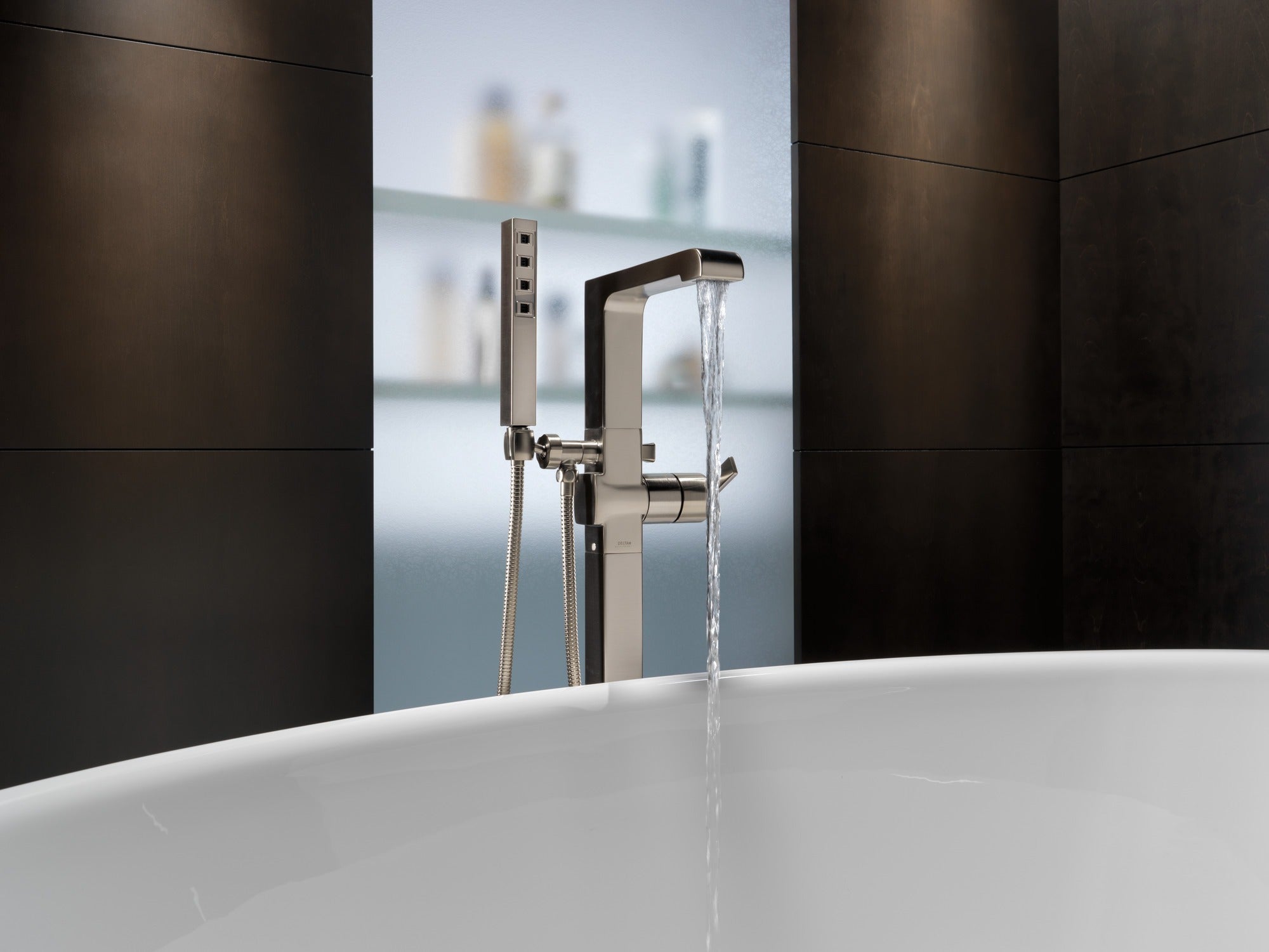 Delta Ara® Single Handle Floor Mount Tub Filler Trim with Hand Shower