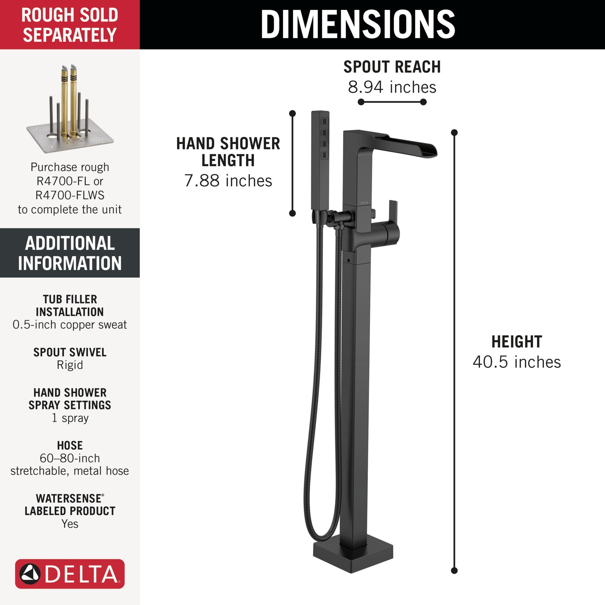 Delta Ara® Single Handle Floor Mount Channel Spout Tub Filler Trim with Hand Shower