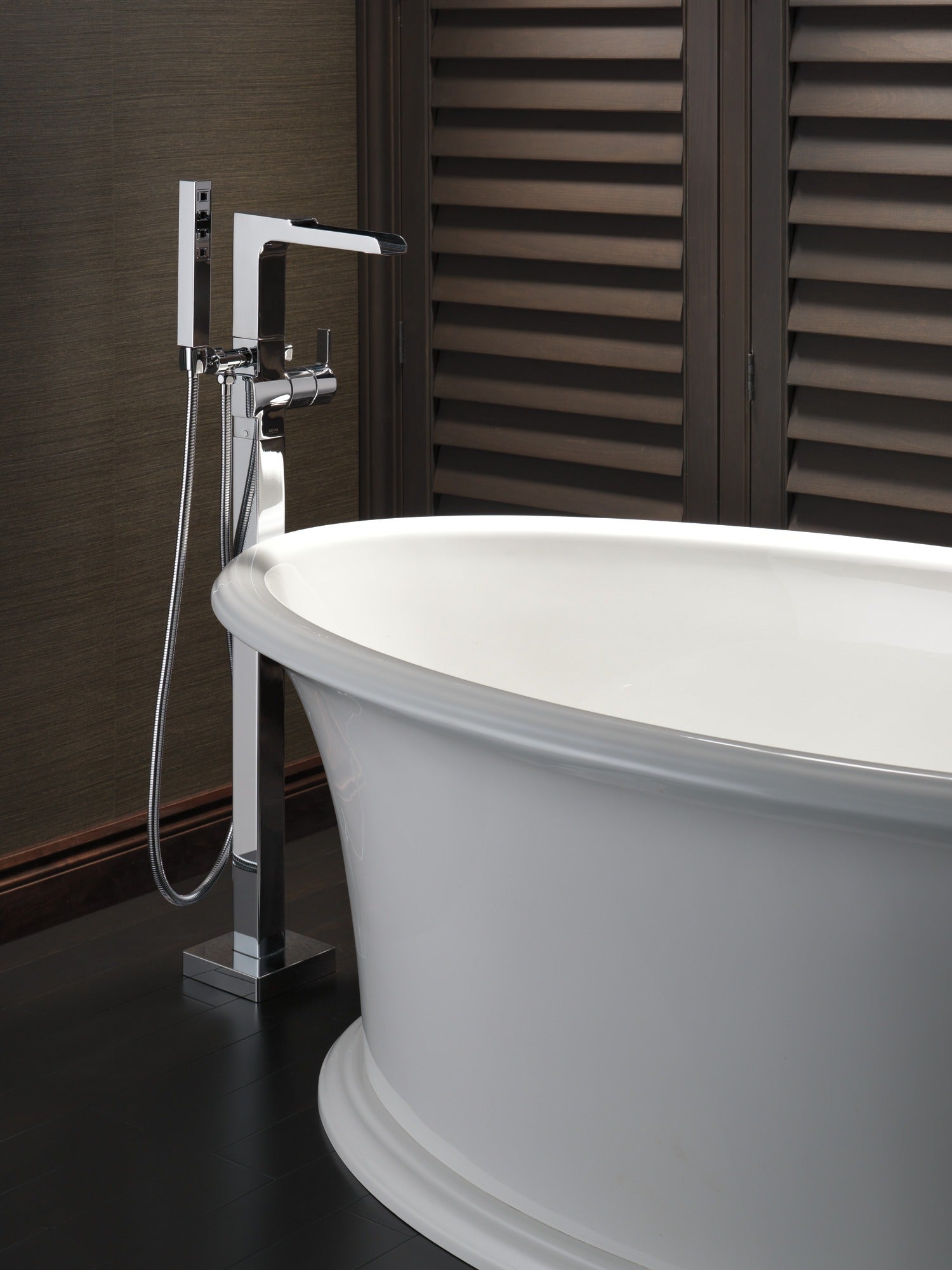 Delta Ara® Single Handle Floor Mount Channel Spout Tub Filler Trim with Hand Shower