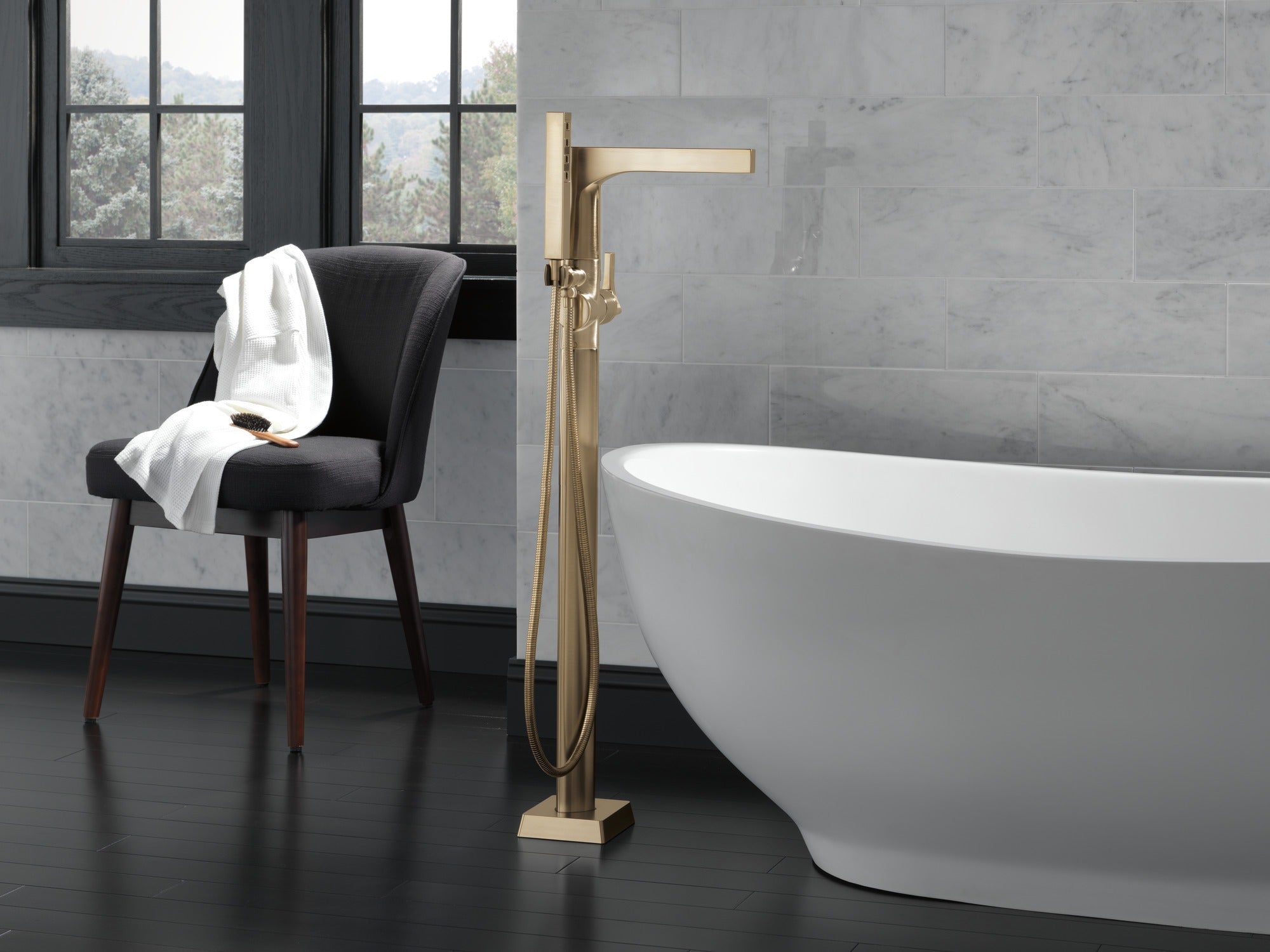 Delta Zura® Single Handle Floor Mount Tub Filler Trim with Hand Shower