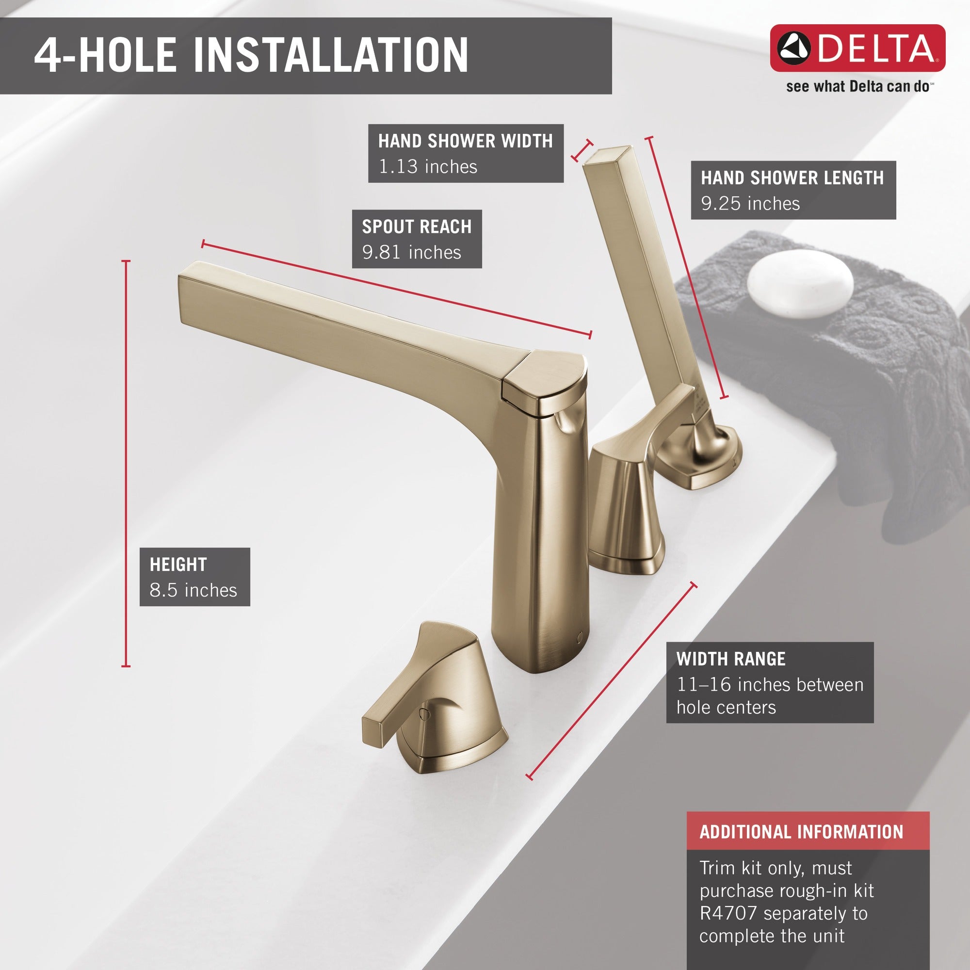 Delta Zura® 4-hole Roman Tub with Handshower Trim