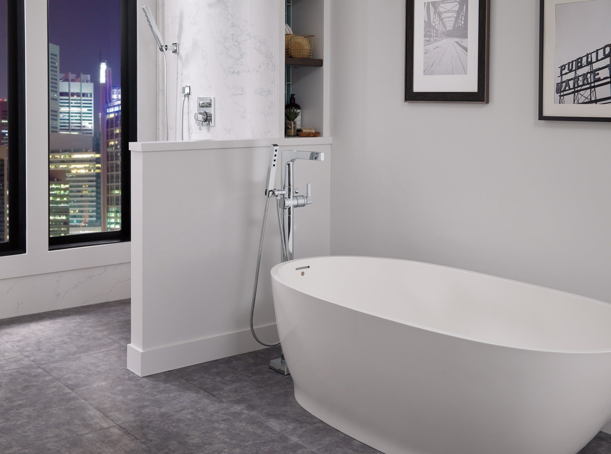 Delta Zura® Single Handle Floor Mount Tub Filler Trim with Hand Shower