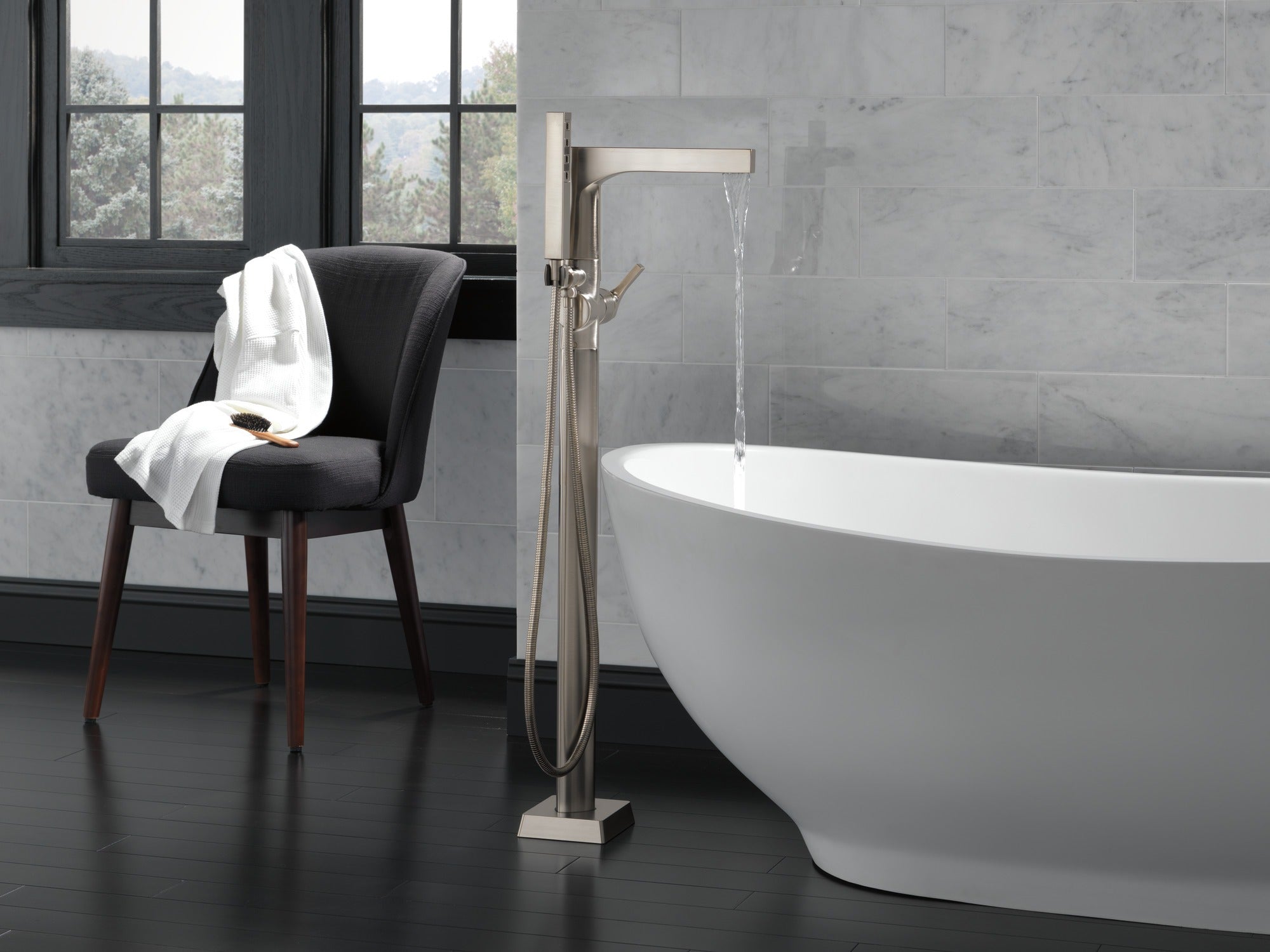 Delta Zura® Single Handle Floor Mount Tub Filler Trim with Hand Shower