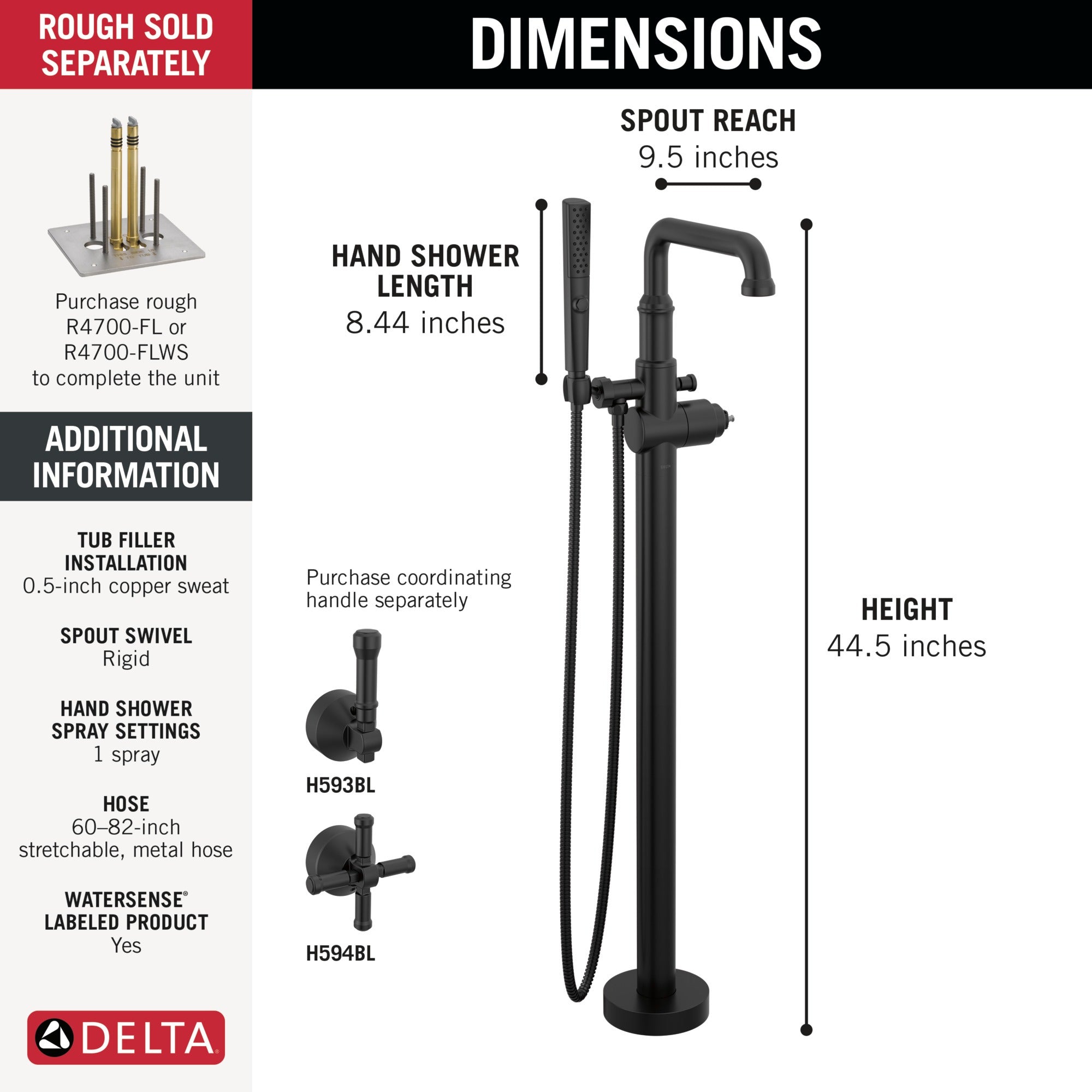 Delta Broderick® Floor Mount Tub Filler Trim- Less Handle