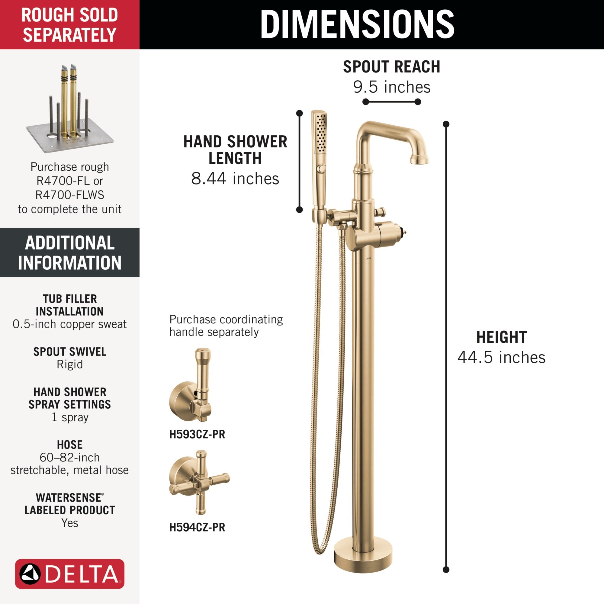 Delta Broderick® Floor Mount Tub Filler Trim- Less Handle