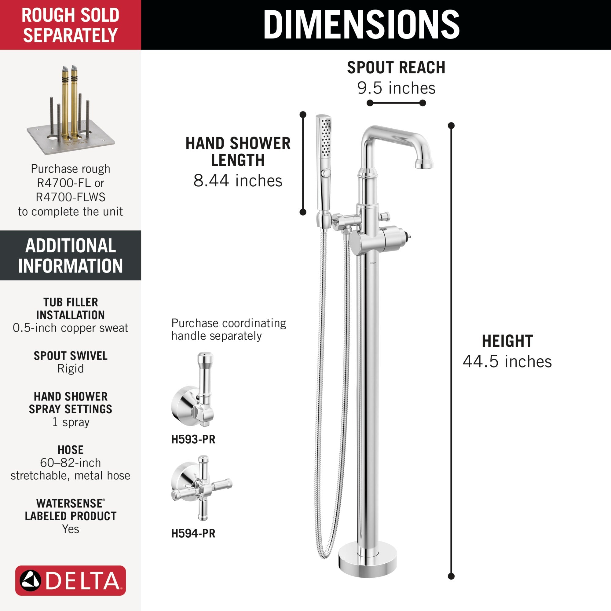 Delta Broderick® Floor Mount Tub Filler Trim- Less Handle