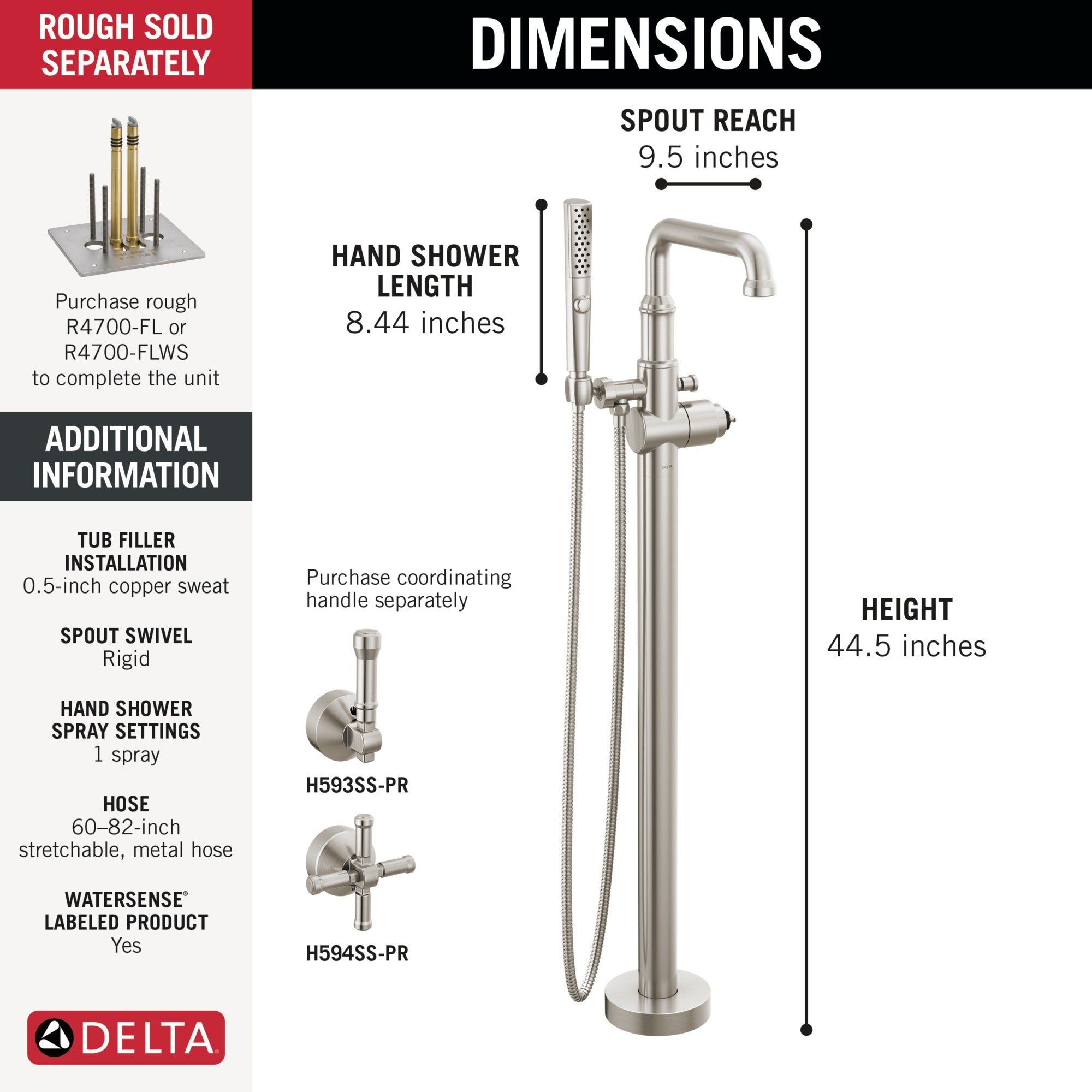 Delta Broderick® Floor Mount Tub Filler Trim- Less Handle