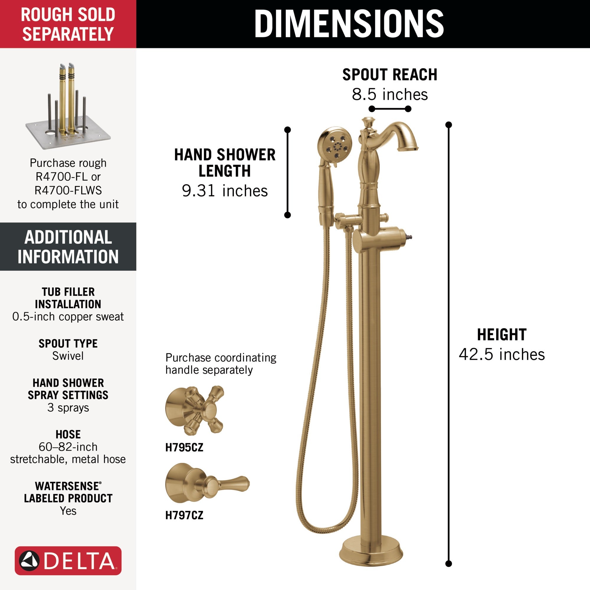 Delta Cassidy® Single Handle Floor Mount Tub Filler Trim with Hand Shower - Less Handle
