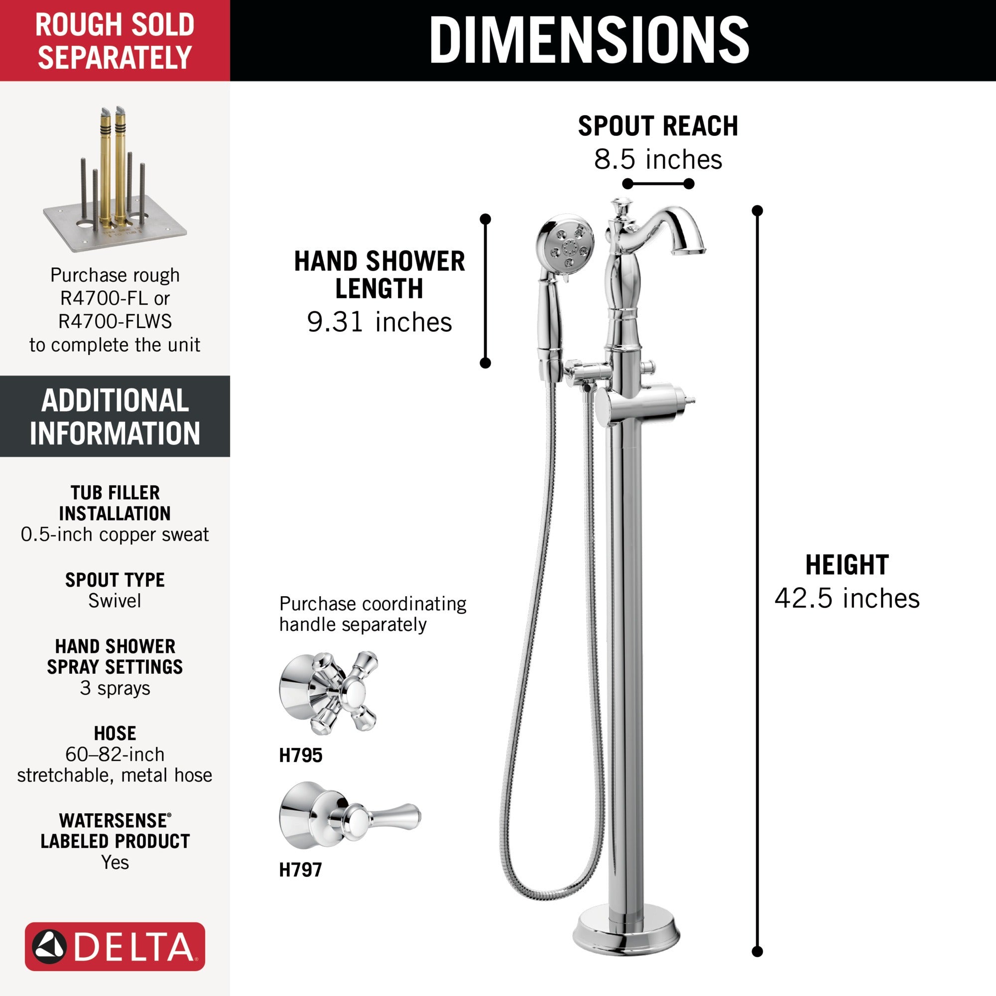 Delta Cassidy® Single Handle Floor Mount Tub Filler Trim with Hand Shower - Less Handle