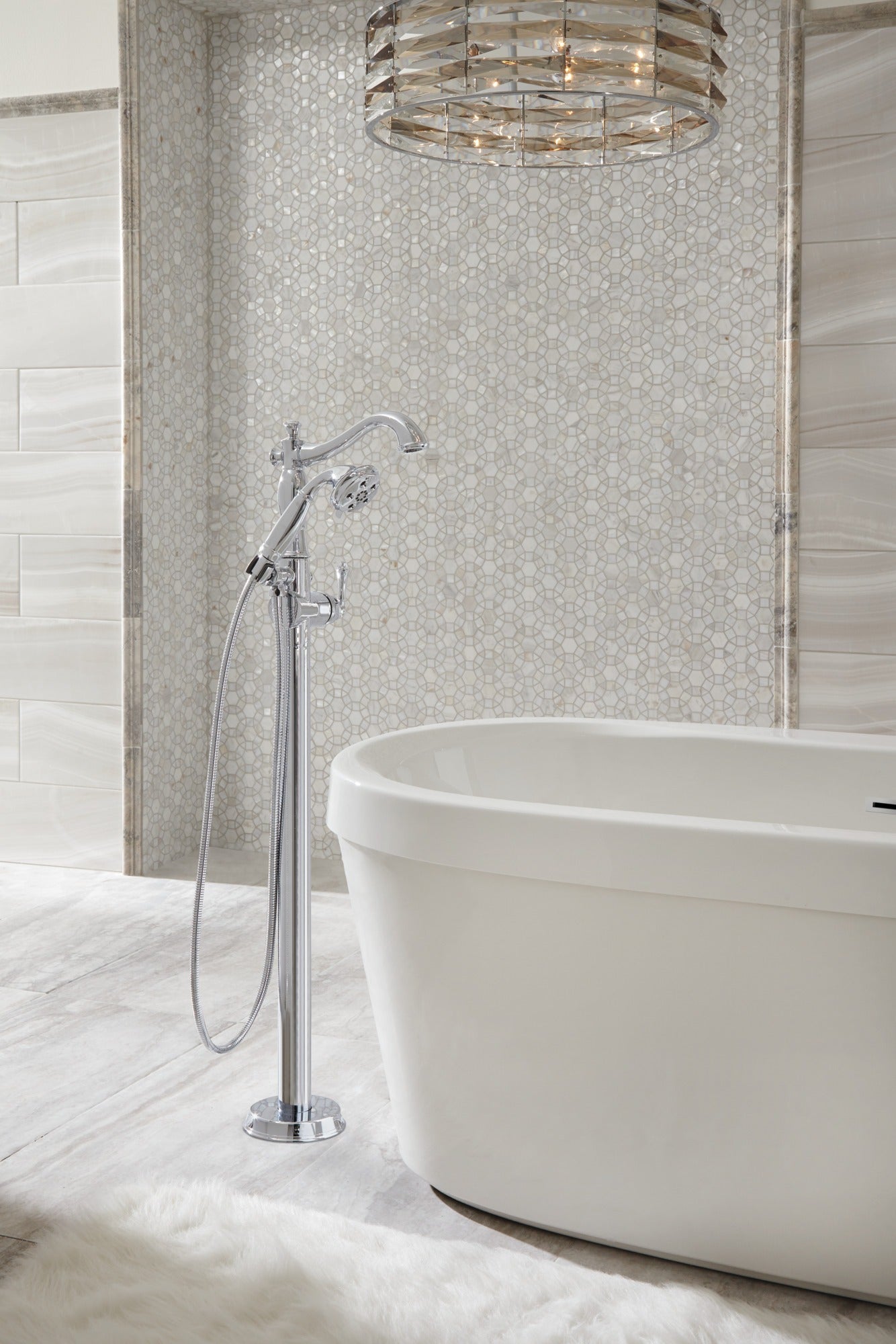 Delta Cassidy® Single Handle Floor Mount Tub Filler Trim with Hand Shower - Less Handle