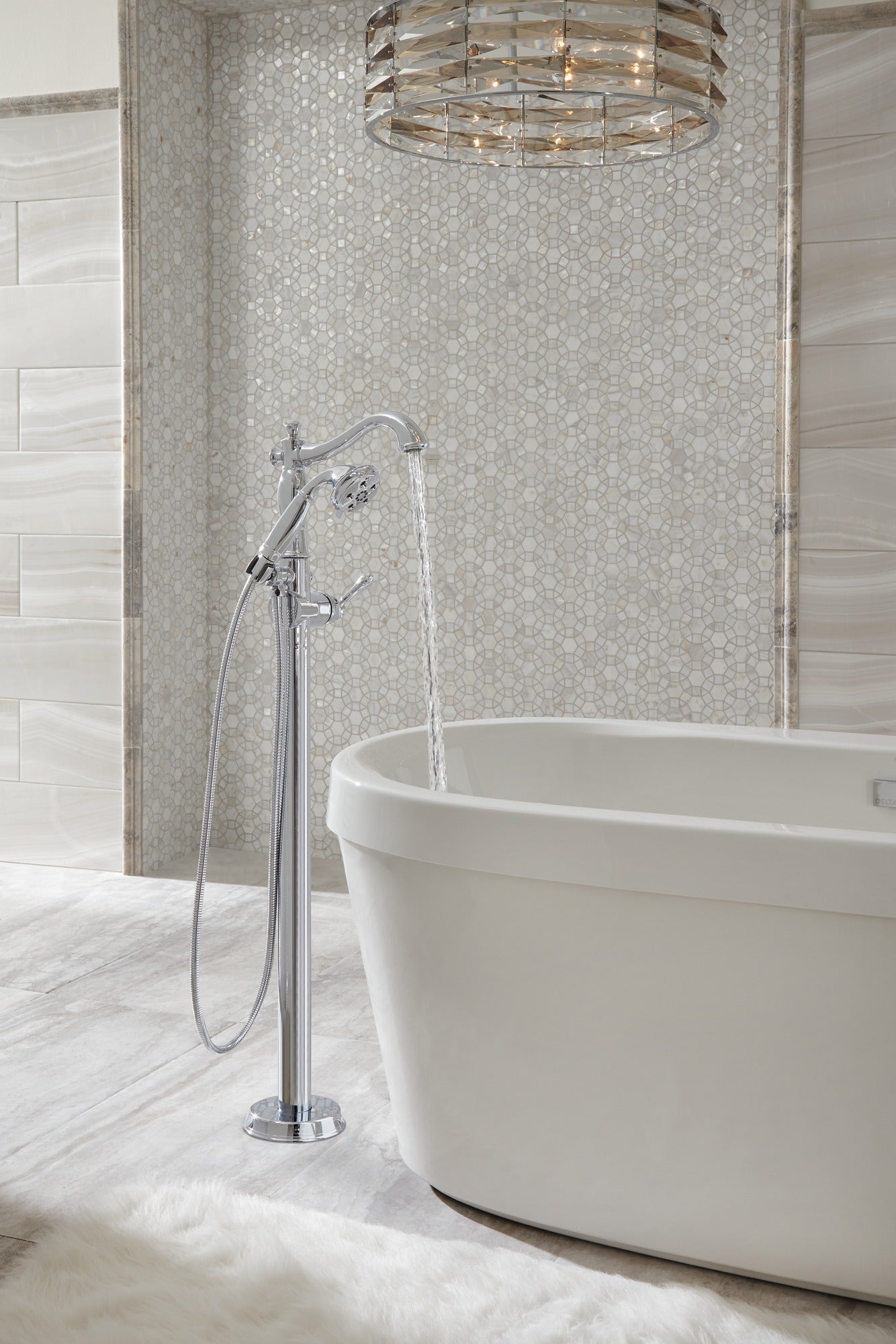 Delta Cassidy® Single Handle Floor Mount Tub Filler Trim with Hand Shower - Less Handle