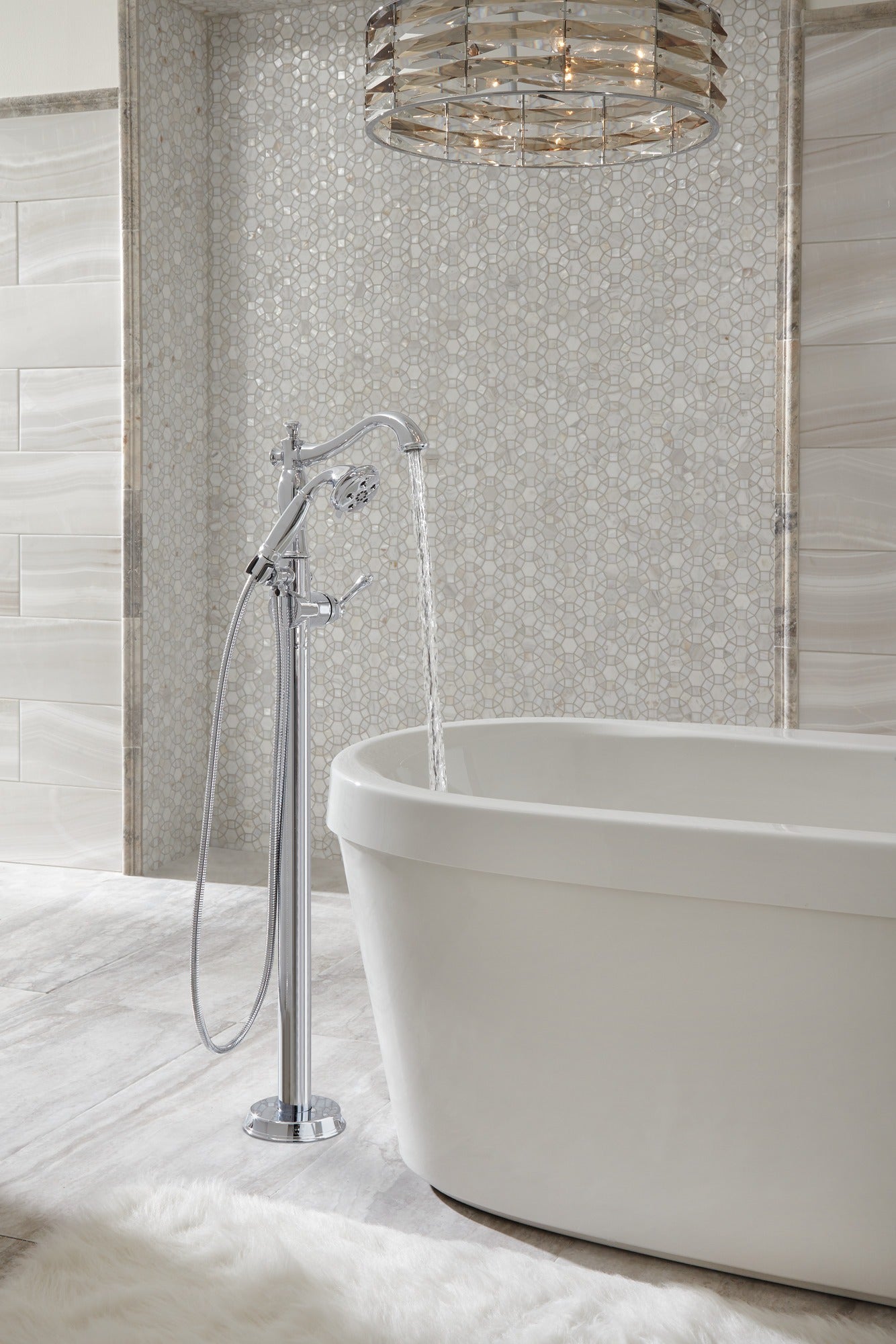 Delta Cassidy® Single Handle Floor Mount Tub Filler Trim with Hand Shower - Less Handle