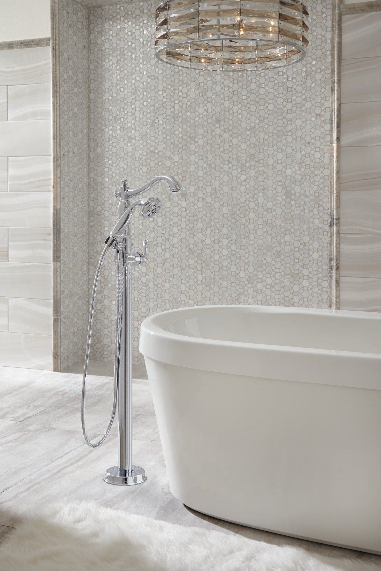 Delta Cassidy® Single Handle Floor Mount Tub Filler Trim with Hand Shower - Less Handle