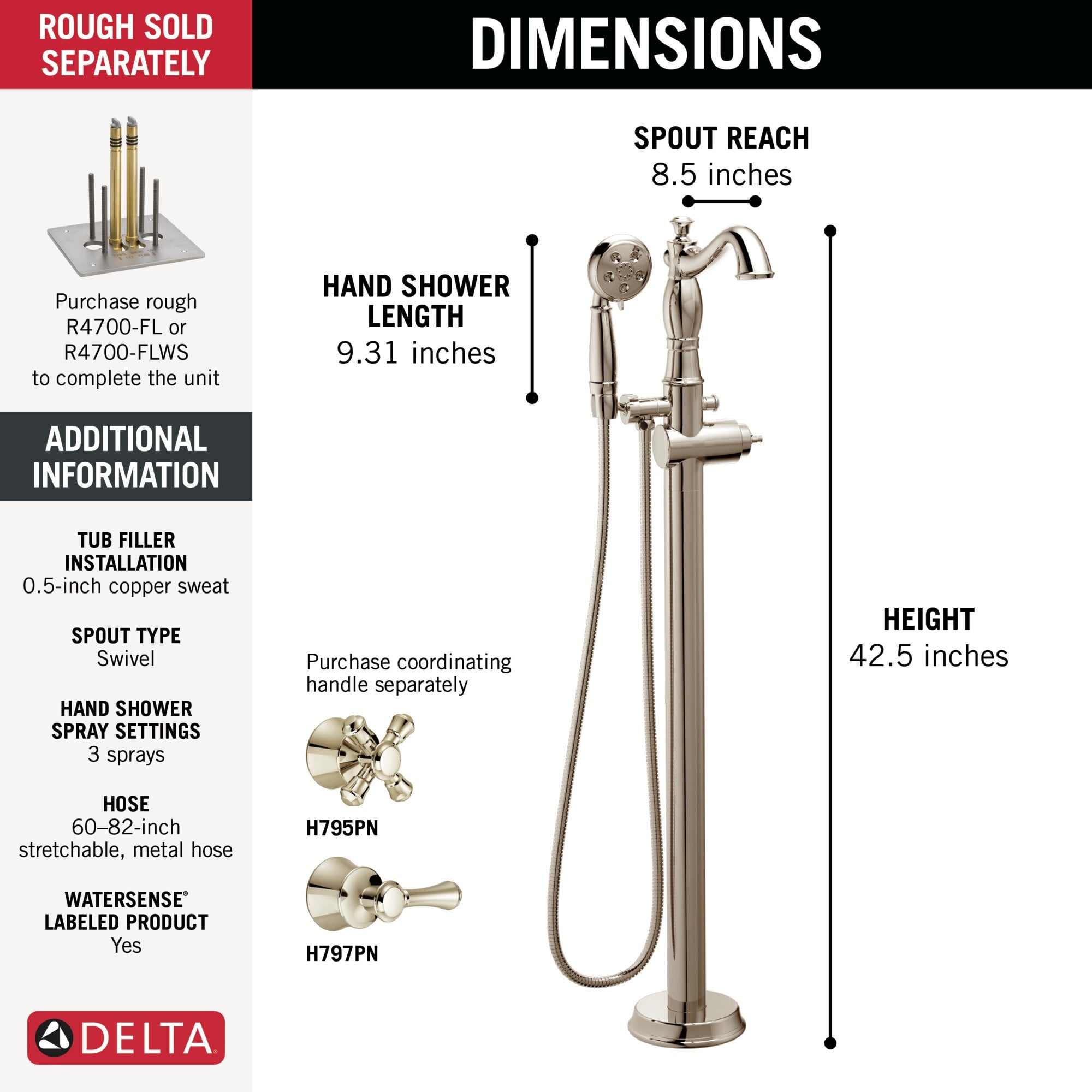 Delta Cassidy® Single Handle Floor Mount Tub Filler Trim with Hand Shower - Less Handle