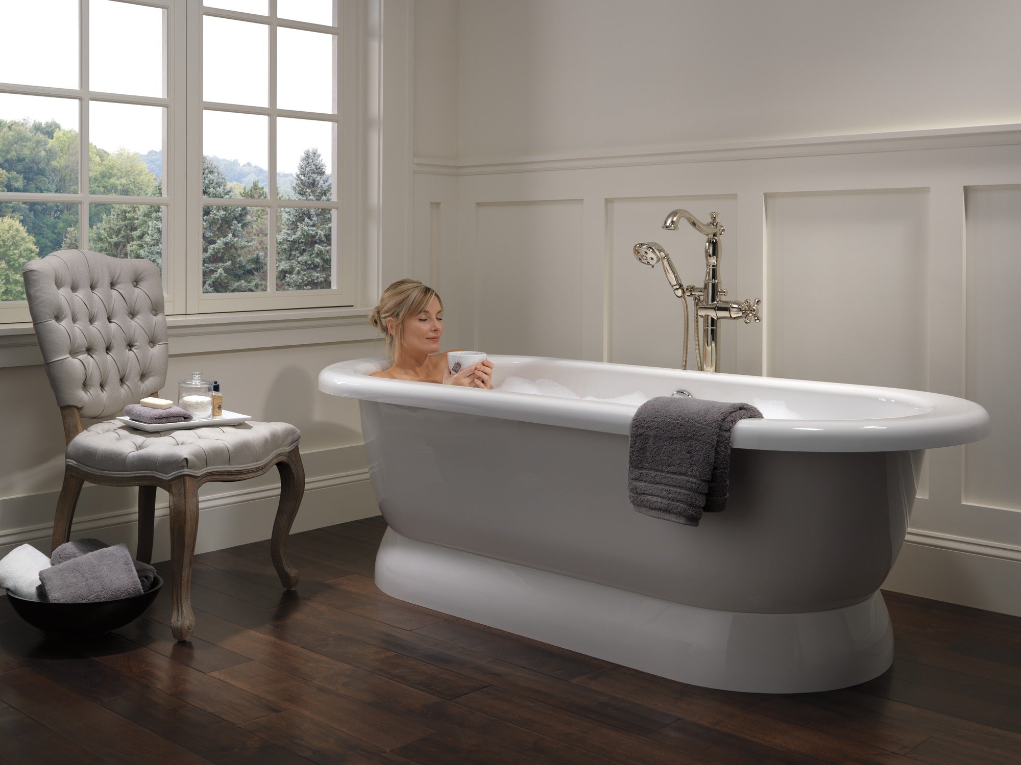 Delta Cassidy® Single Handle Floor Mount Tub Filler Trim with Hand Shower - Less Handle