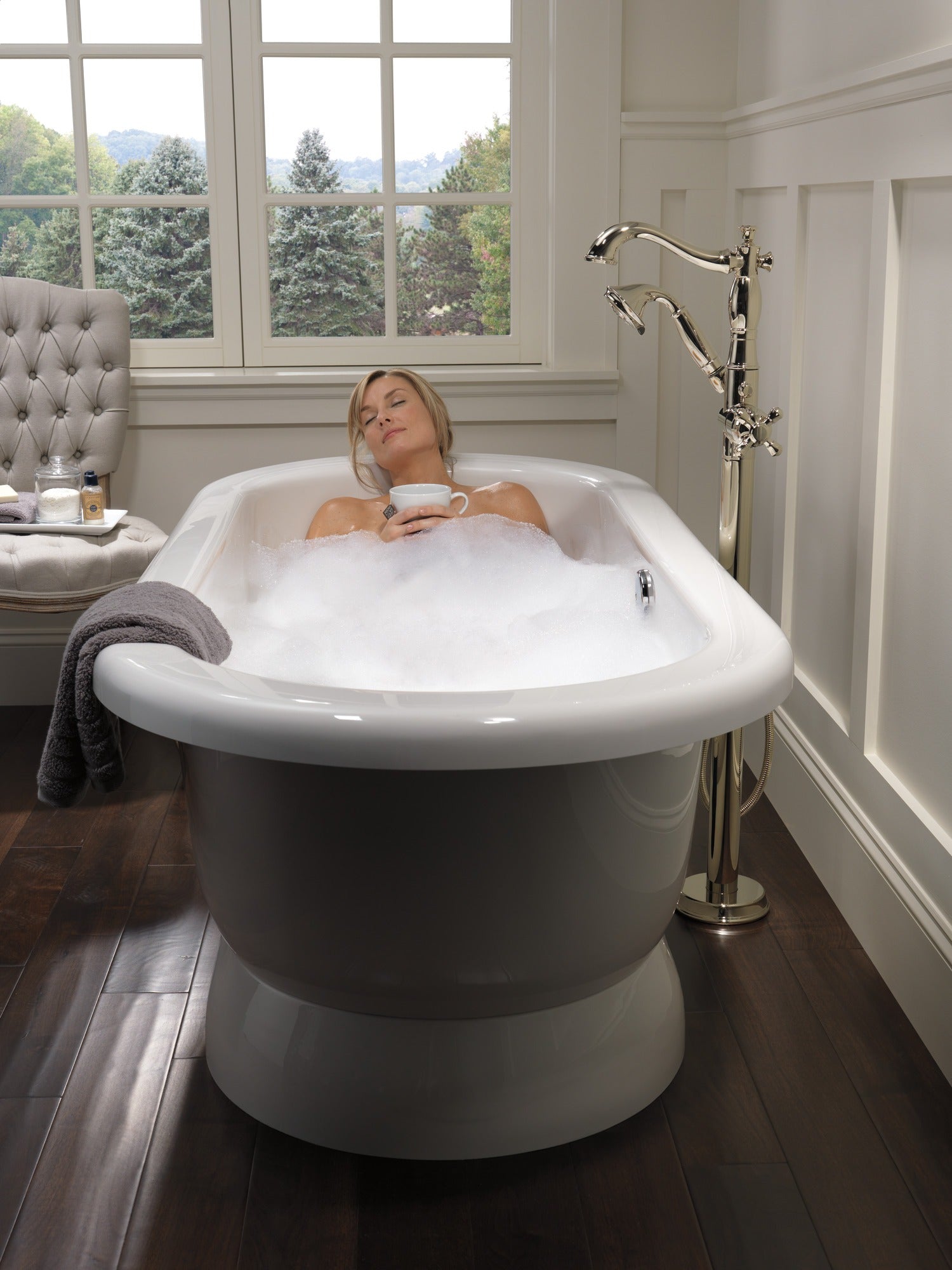 Delta Cassidy® Single Handle Floor Mount Tub Filler Trim with Hand Shower - Less Handle
