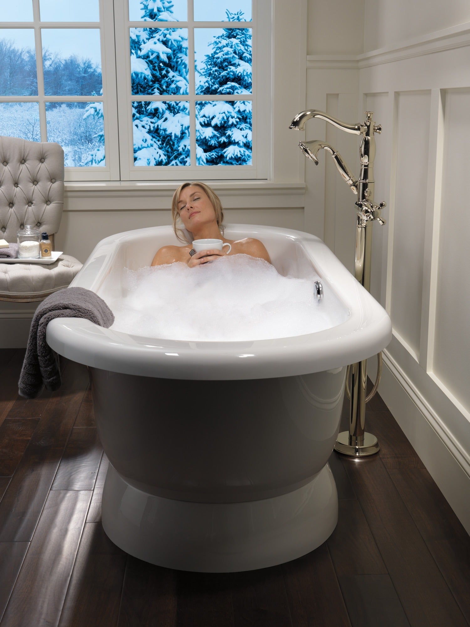 Delta Cassidy® Single Handle Floor Mount Tub Filler Trim with Hand Shower - Less Handle