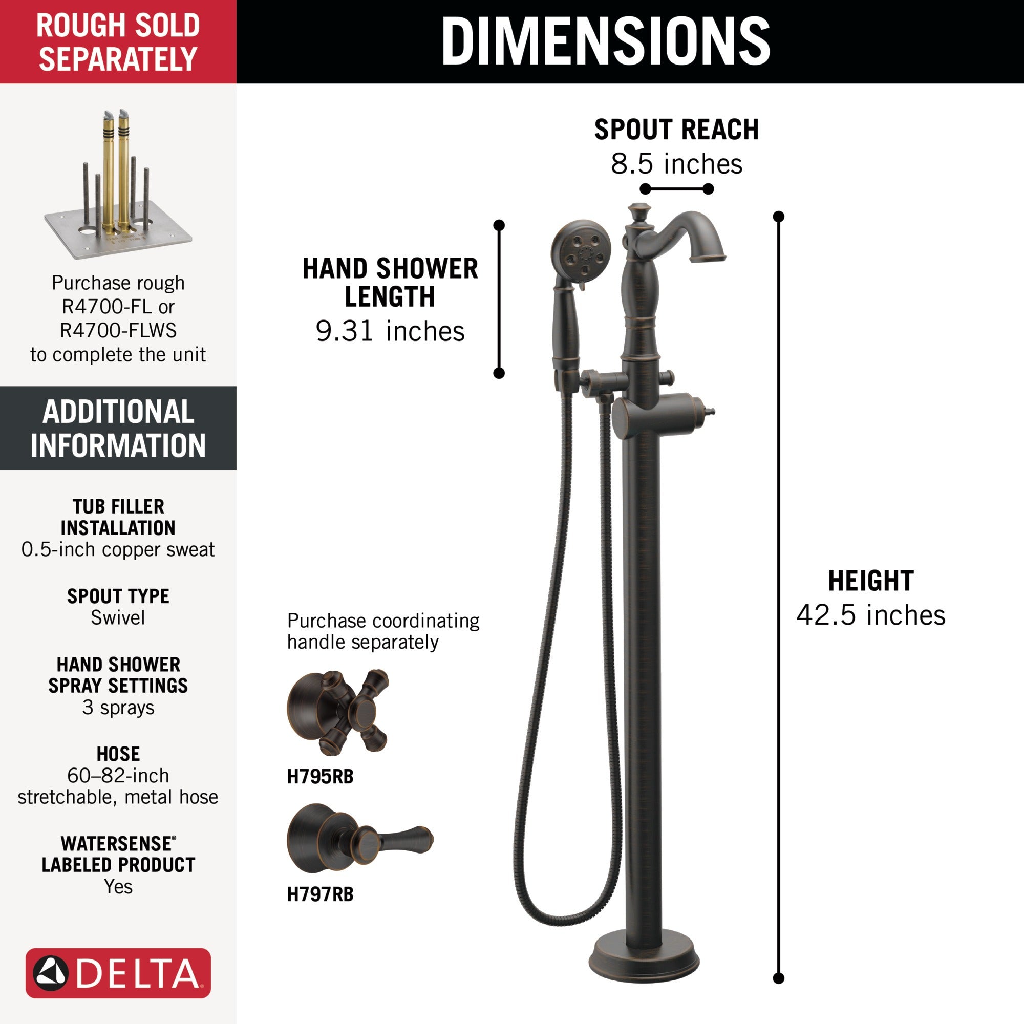Delta Cassidy® Single Handle Floor Mount Tub Filler Trim with Hand Shower - Less Handle