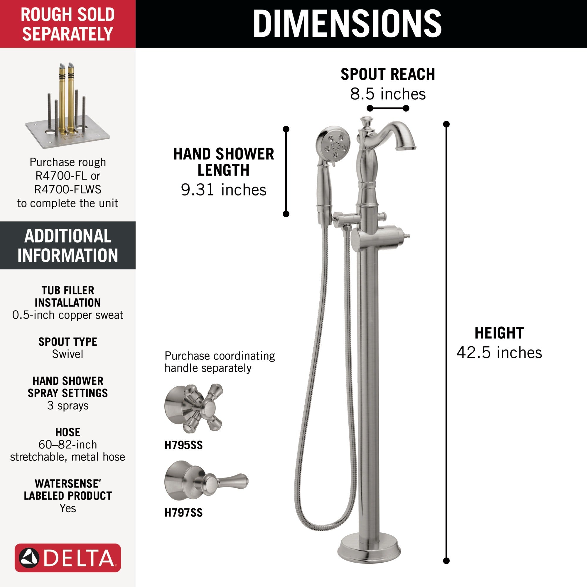 Delta Cassidy® Single Handle Floor Mount Tub Filler Trim with Hand Shower - Less Handle