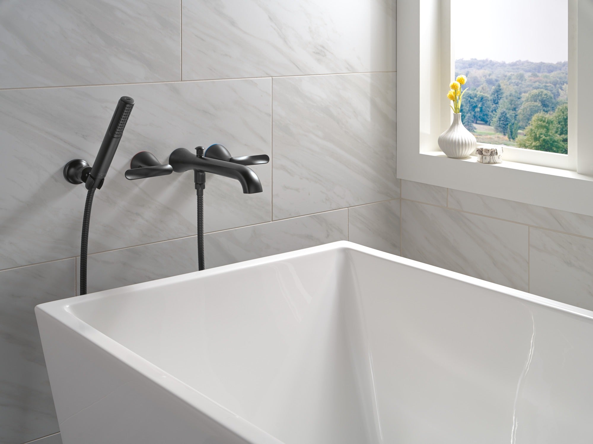 Delta Bonacci™ Two Handle Wall Mount Tub Filler Trim with Hand Shower