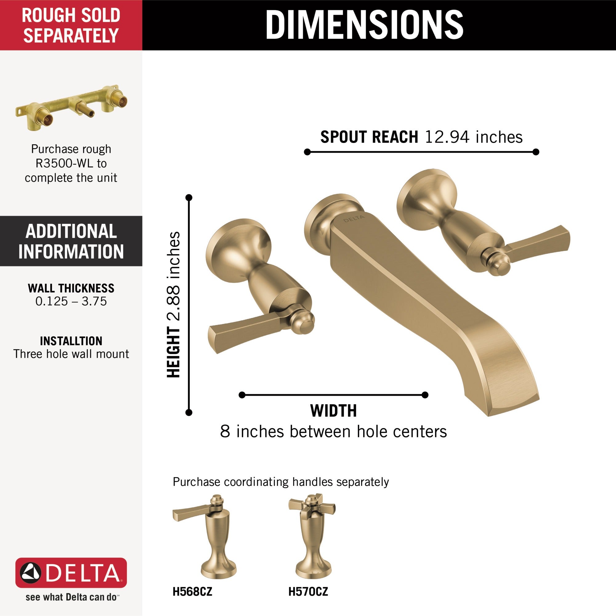 Delta Dorval™ Two Handle Wall Mount Tub Filler - Less Handles
