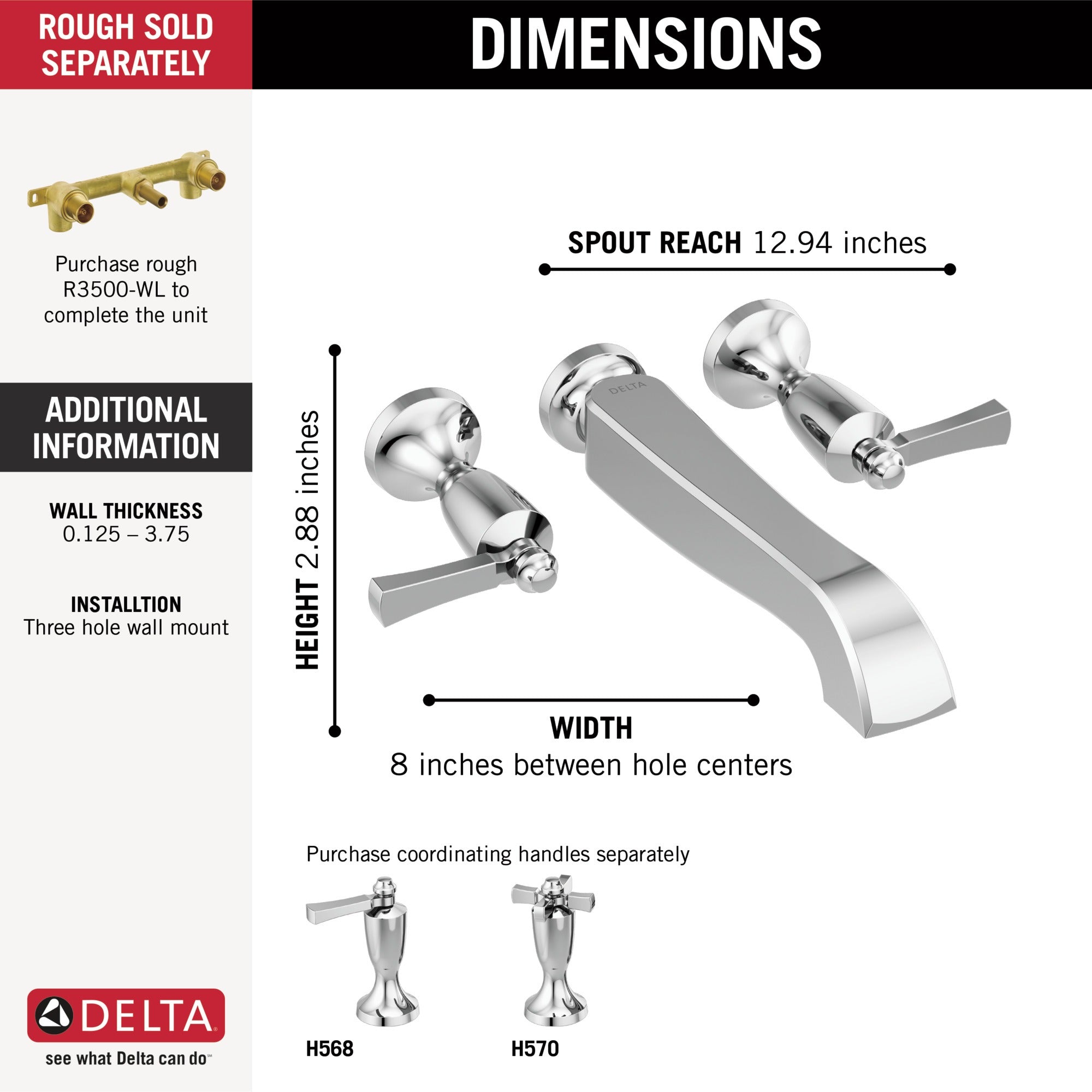 Delta Dorval™ Two Handle Wall Mount Tub Filler - Less Handles