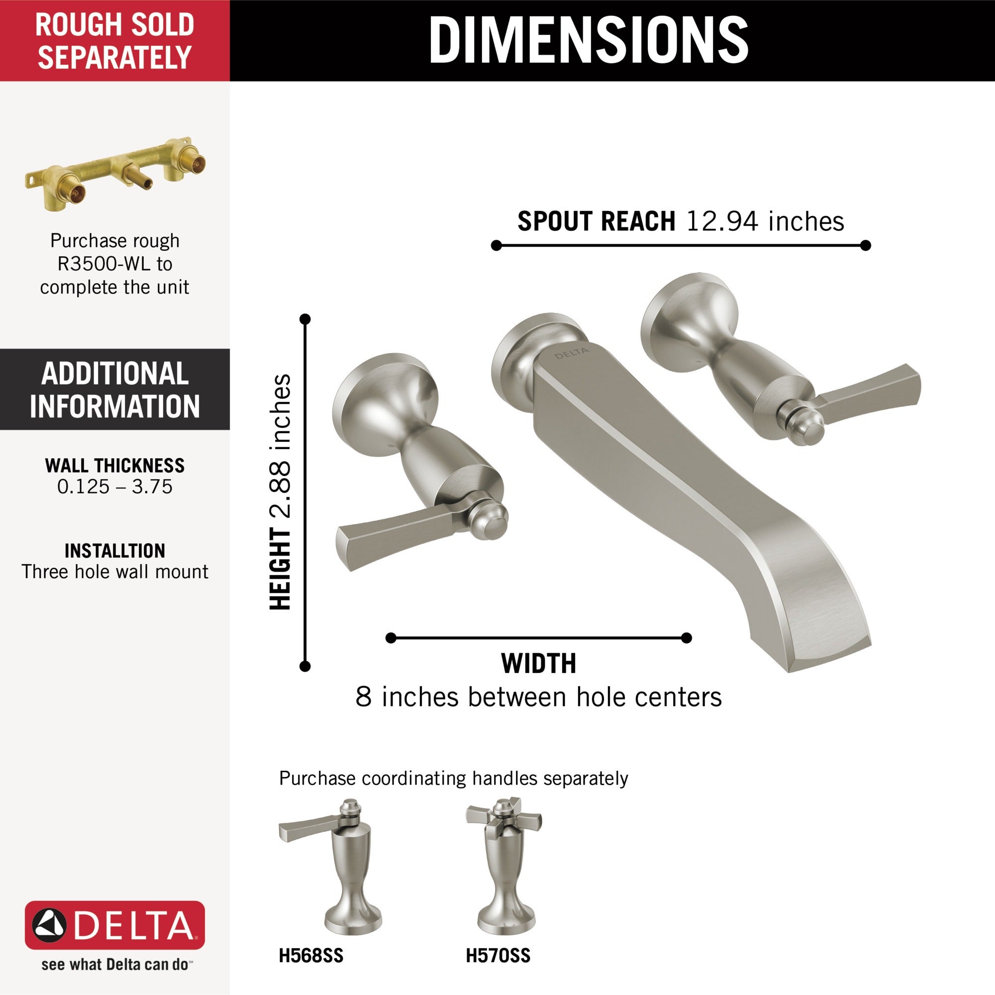 Delta Dorval™ Two Handle Wall Mount Tub Filler - Less Handles