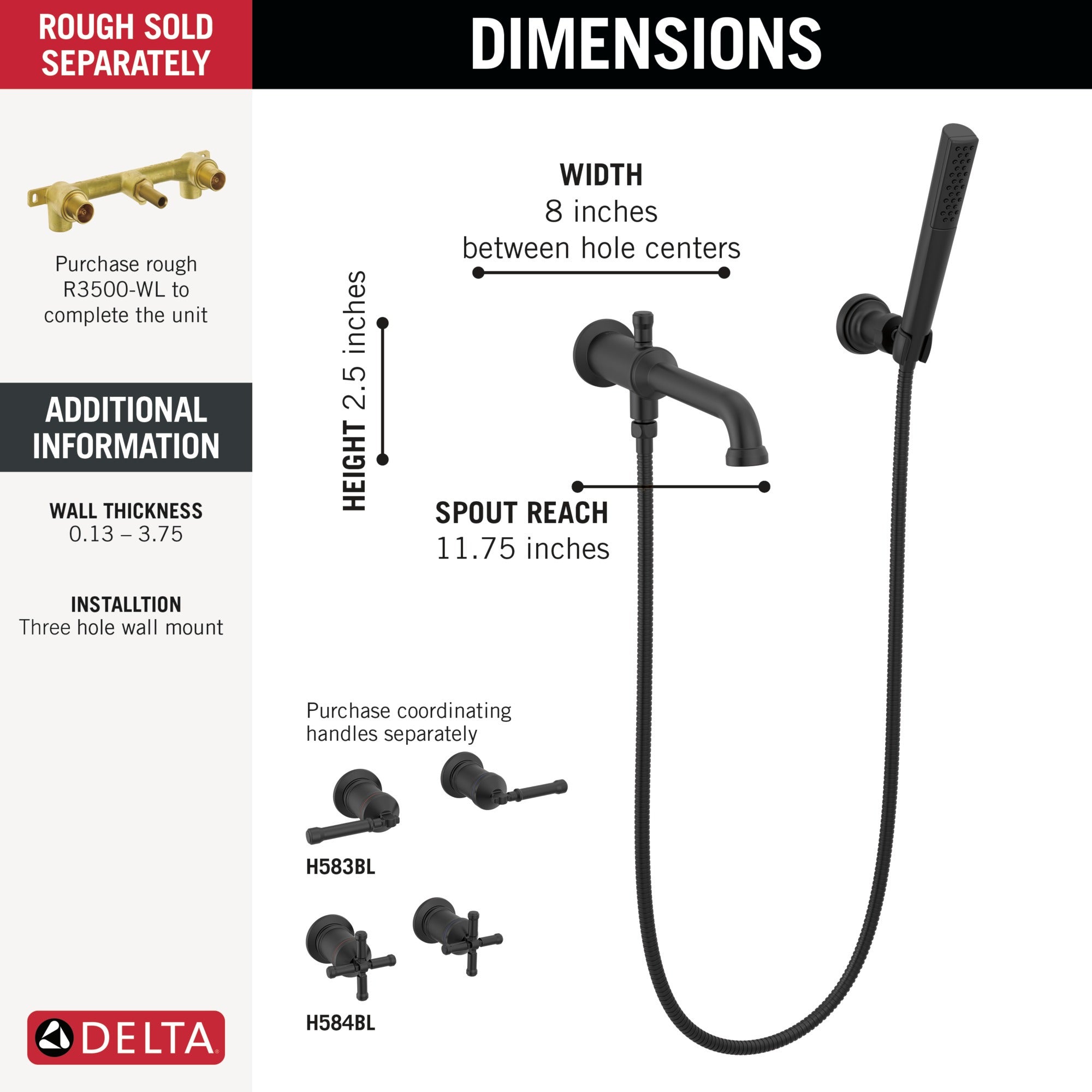 Delta Broderick® Wall Mount Tub Filler Trim with Hand Shower - Less Handles