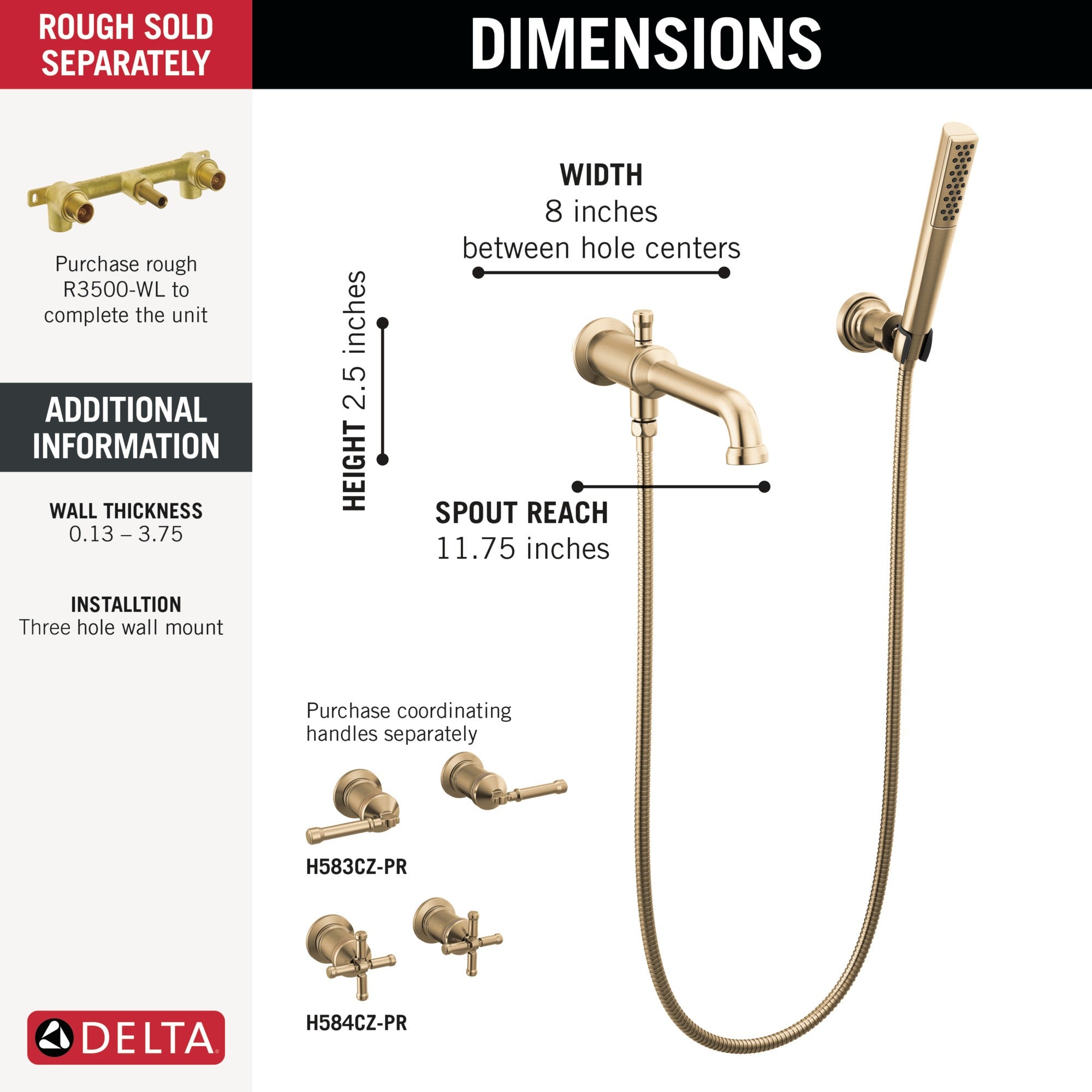 Delta Broderick® Wall Mount Tub Filler Trim with Hand Shower - Less Handles