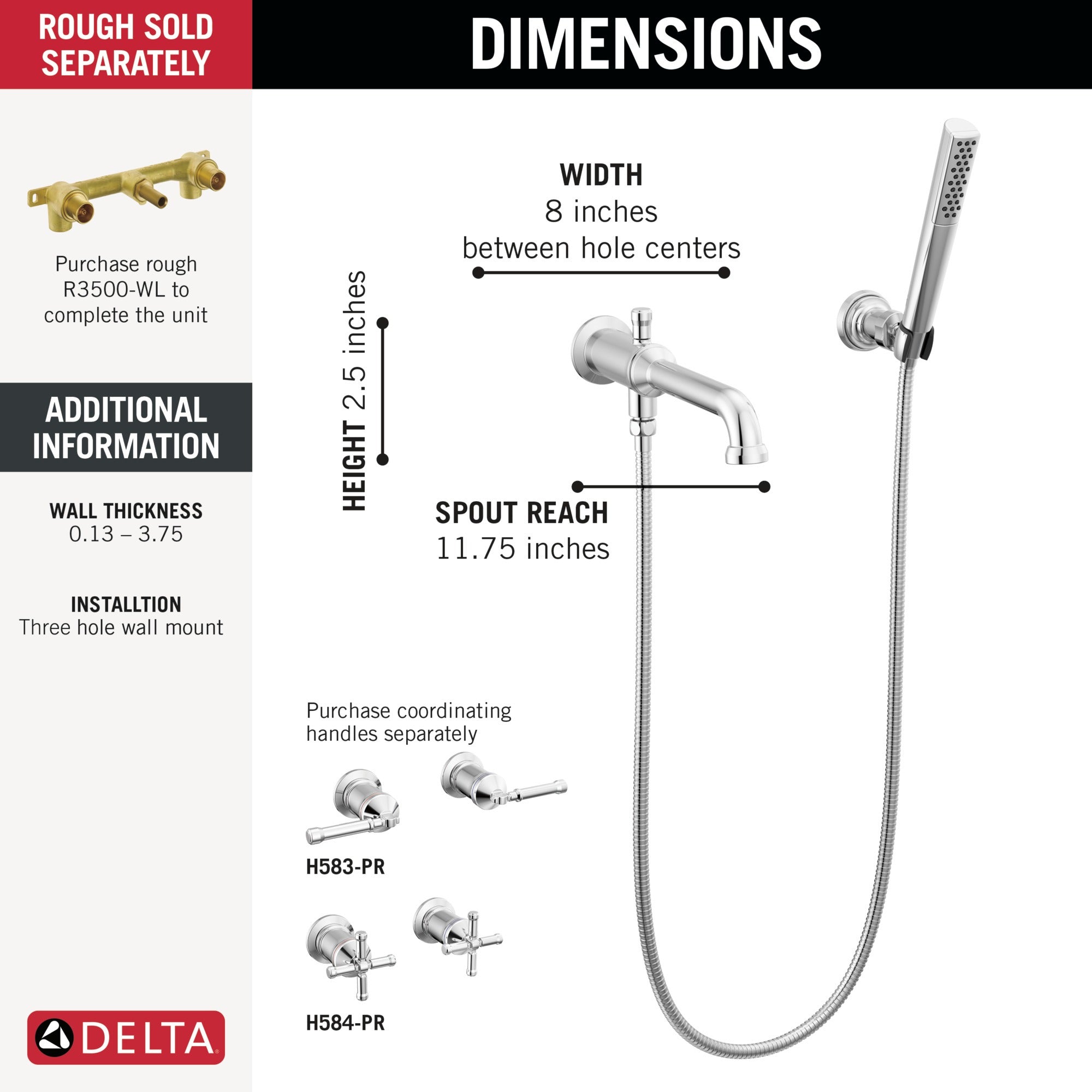 Delta Broderick® Wall Mount Tub Filler Trim with Hand Shower - Less Handles