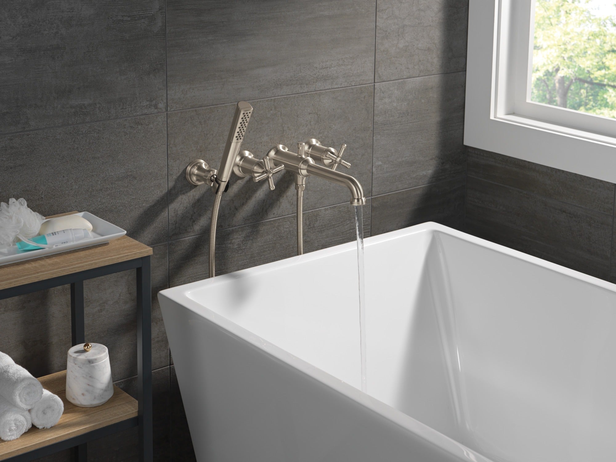 Delta Broderick® Wall Mount Tub Filler Trim with Hand Shower - Less Handles