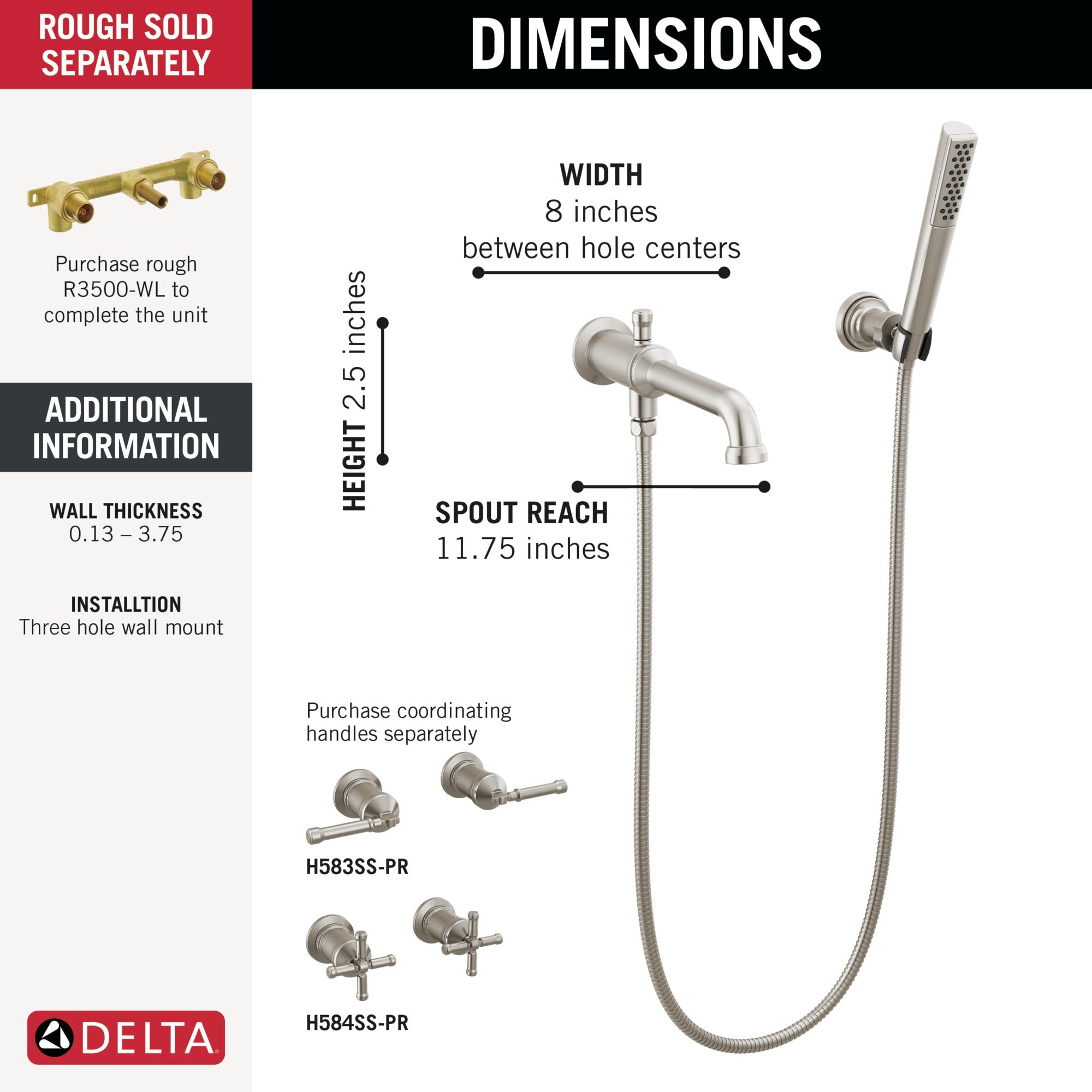 Delta Broderick® Wall Mount Tub Filler Trim with Hand Shower - Less Handles